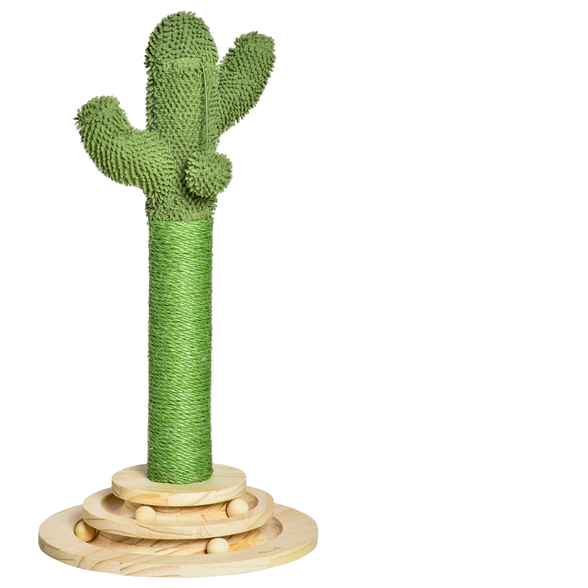 Cat Scratching Tree Cactus Cat Tree Pine Wood Sisal Rope Scratching Post with Wooden Ball Cat Toy for Cats 60 cm High Green+Natural