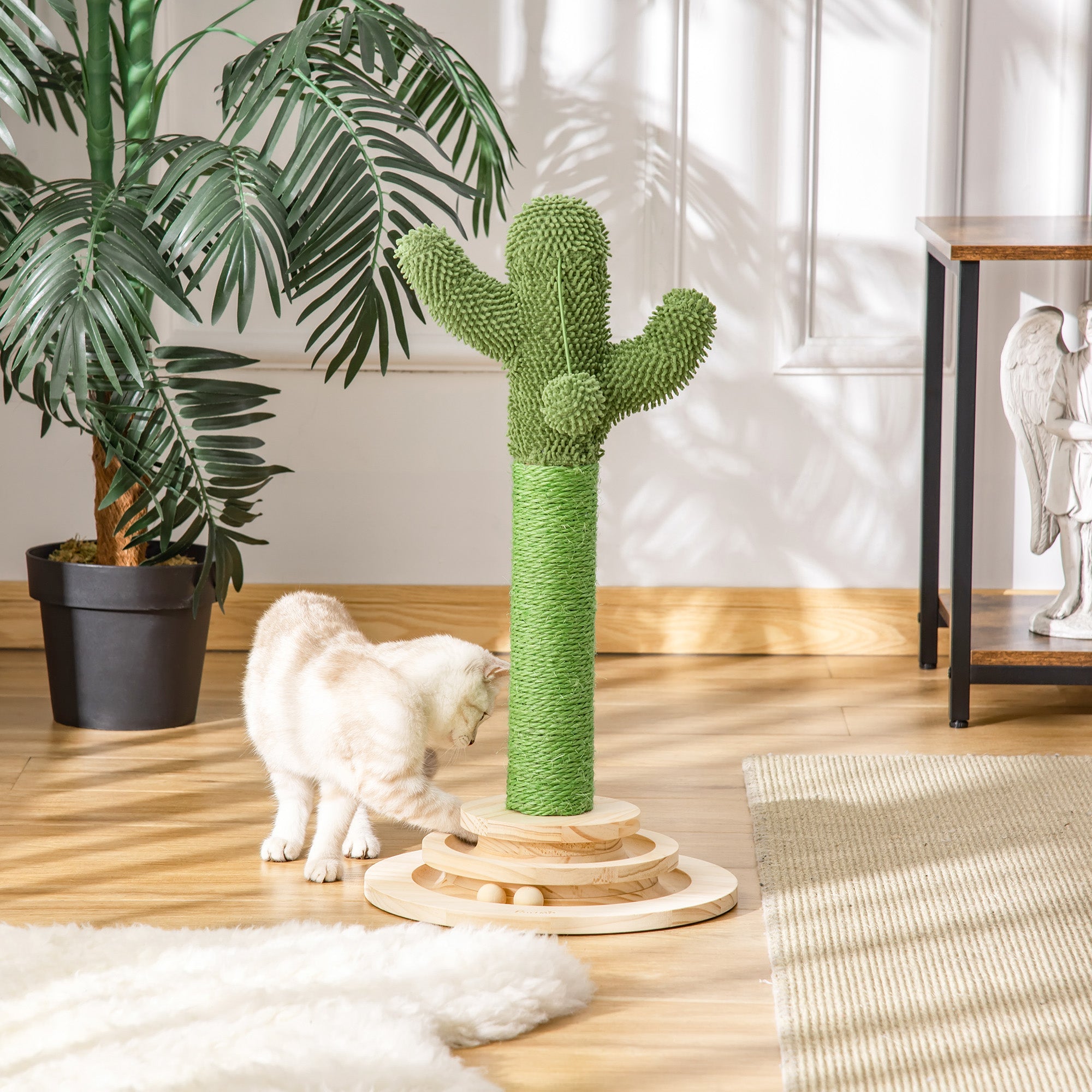 Cat Scratching Tree Cactus Cat Tree Pine Wood Sisal Rope Scratching Post with Wooden Ball Cat Toy for Cats 60 cm High Green+Natural