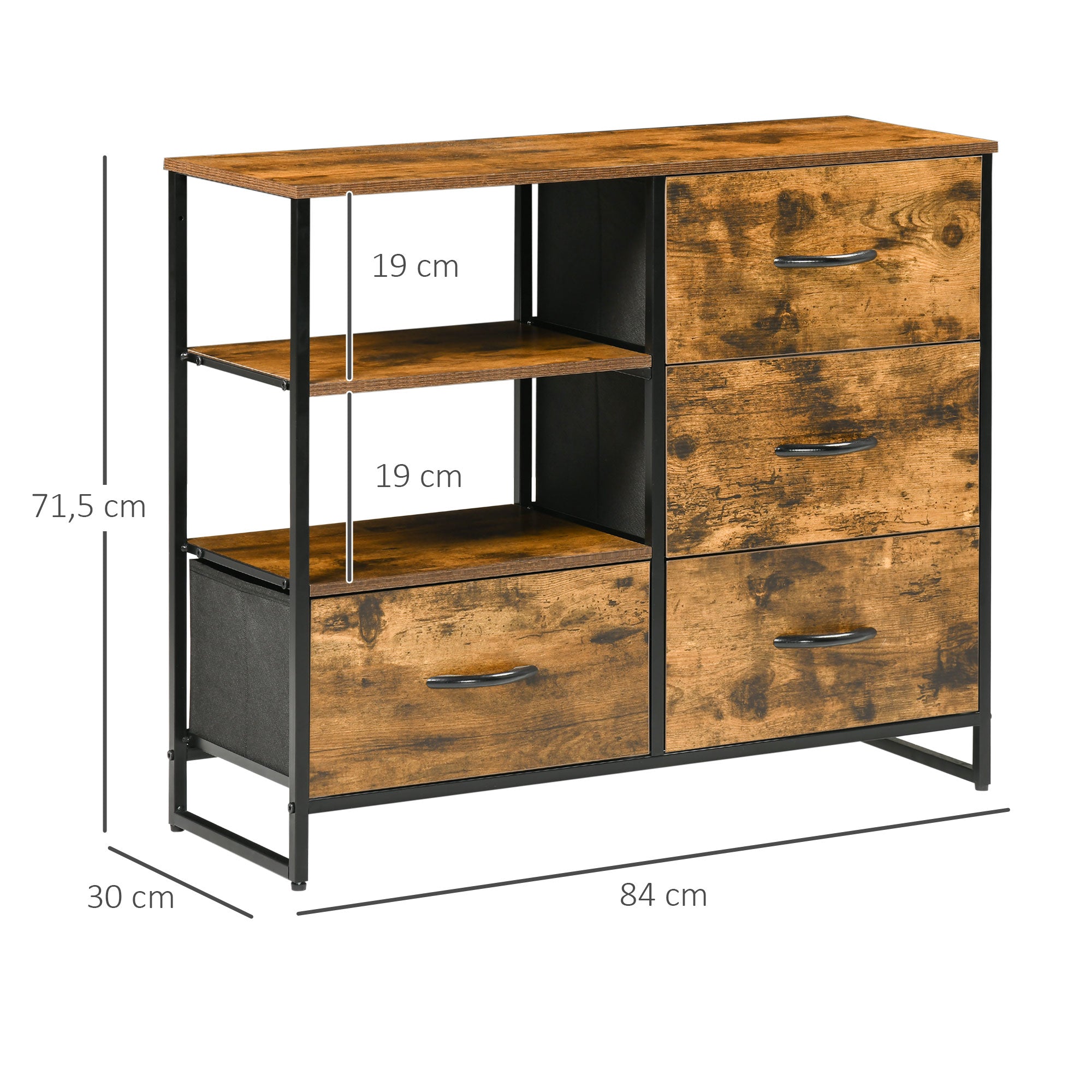 Fabric Drawer Organizer Dresser with Foldable Drawers Open Shelves and Steel Frame Industrial Style for Living Room Entryway Bedroom 84x30x71.5 cm Rustic Brown