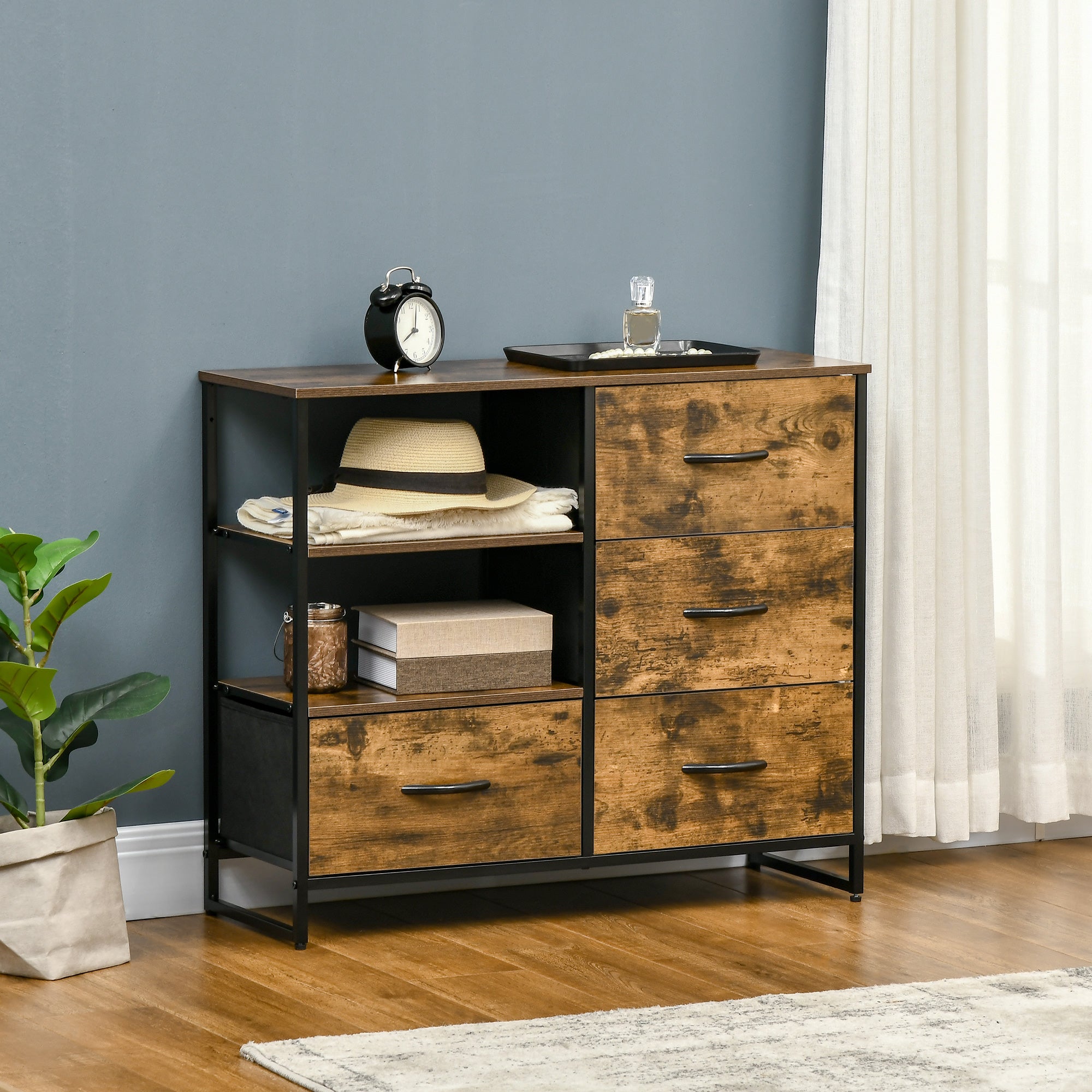 Fabric Drawer Organizer Dresser with Foldable Drawers Open Shelves and Steel Frame Industrial Style for Living Room Entryway Bedroom 84x30x71.5 cm Rustic Brown