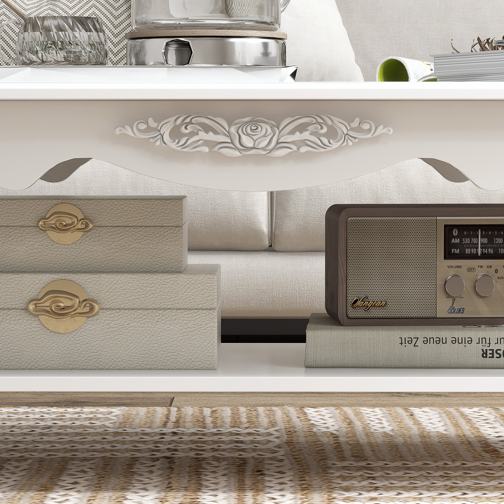 Modern Living Room Coffee Table with Large Lower Storage Shelf, White Wood Sofa Coffee Table 94x44x43cm