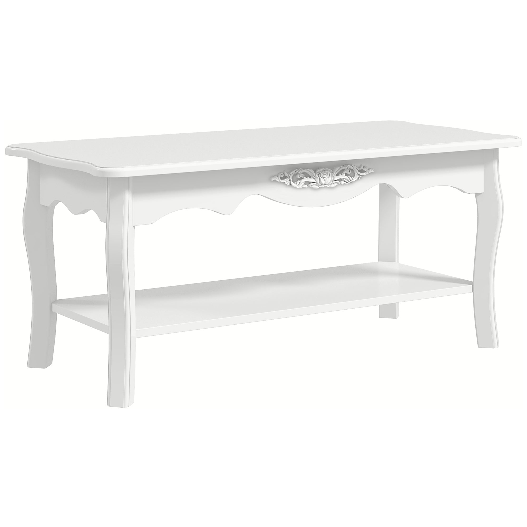 Modern Living Room Coffee Table with Large Lower Storage Shelf, White Wood Sofa Coffee Table 94x44x43cm