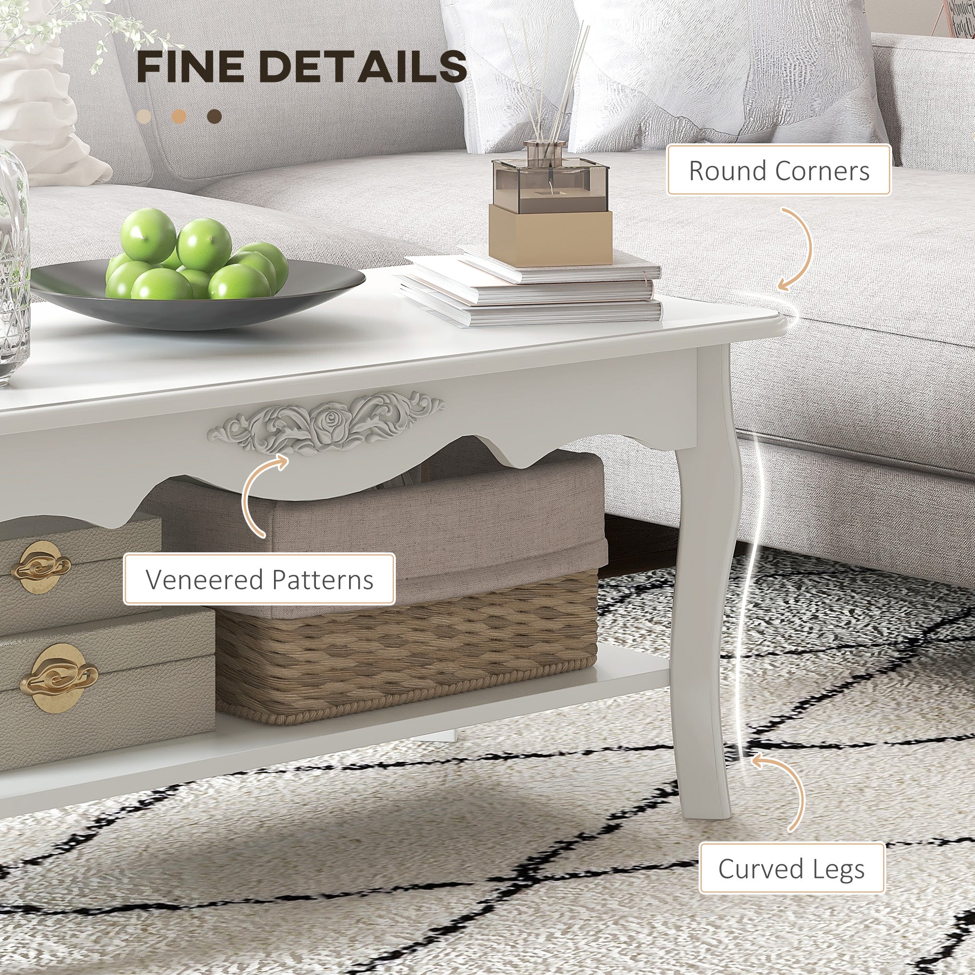 Modern Living Room Coffee Table with Large Lower Storage Shelf, White Wood Sofa Coffee Table 94x44x43cm