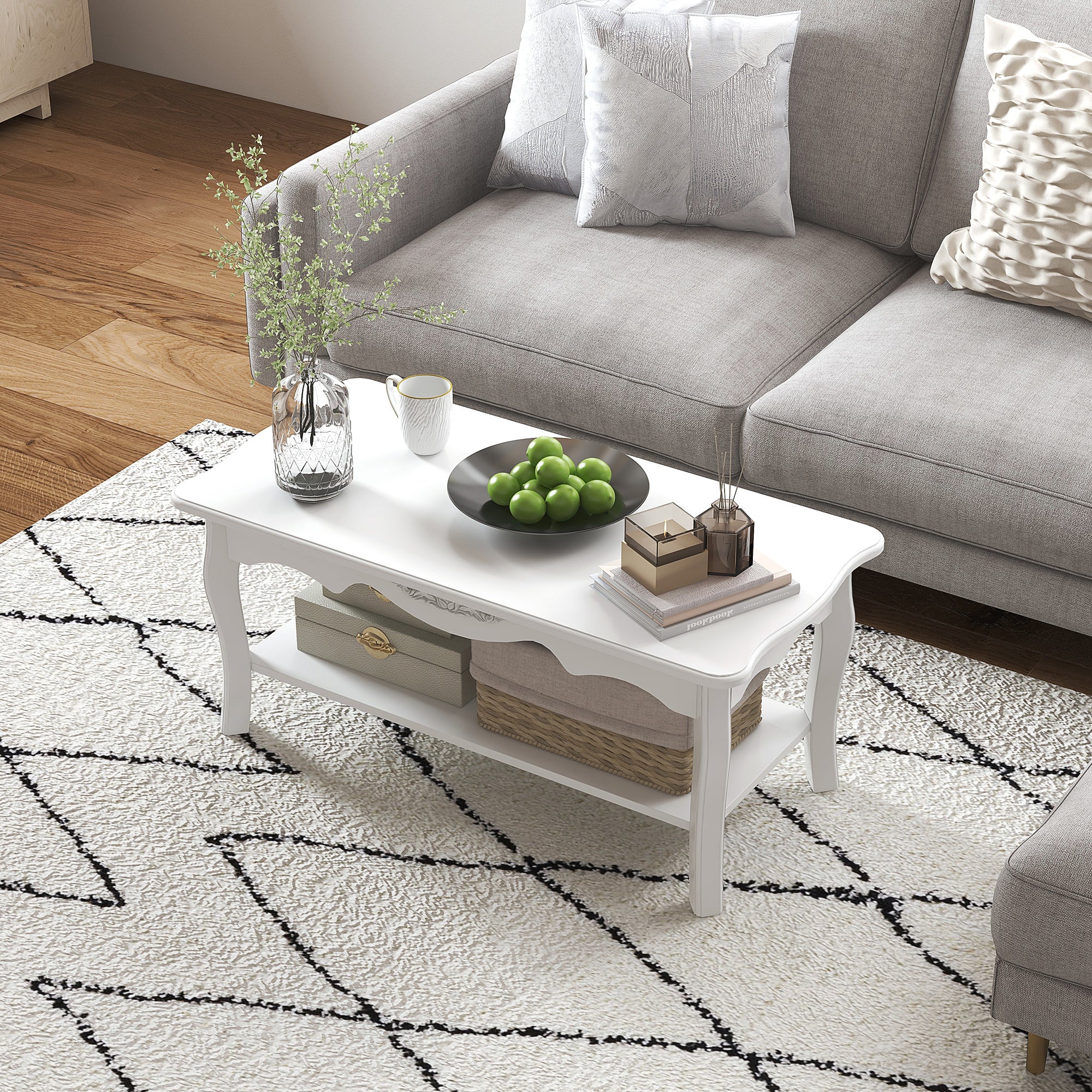Modern Living Room Coffee Table with Large Lower Storage Shelf, White Wood Sofa Coffee Table 94x44x43cm