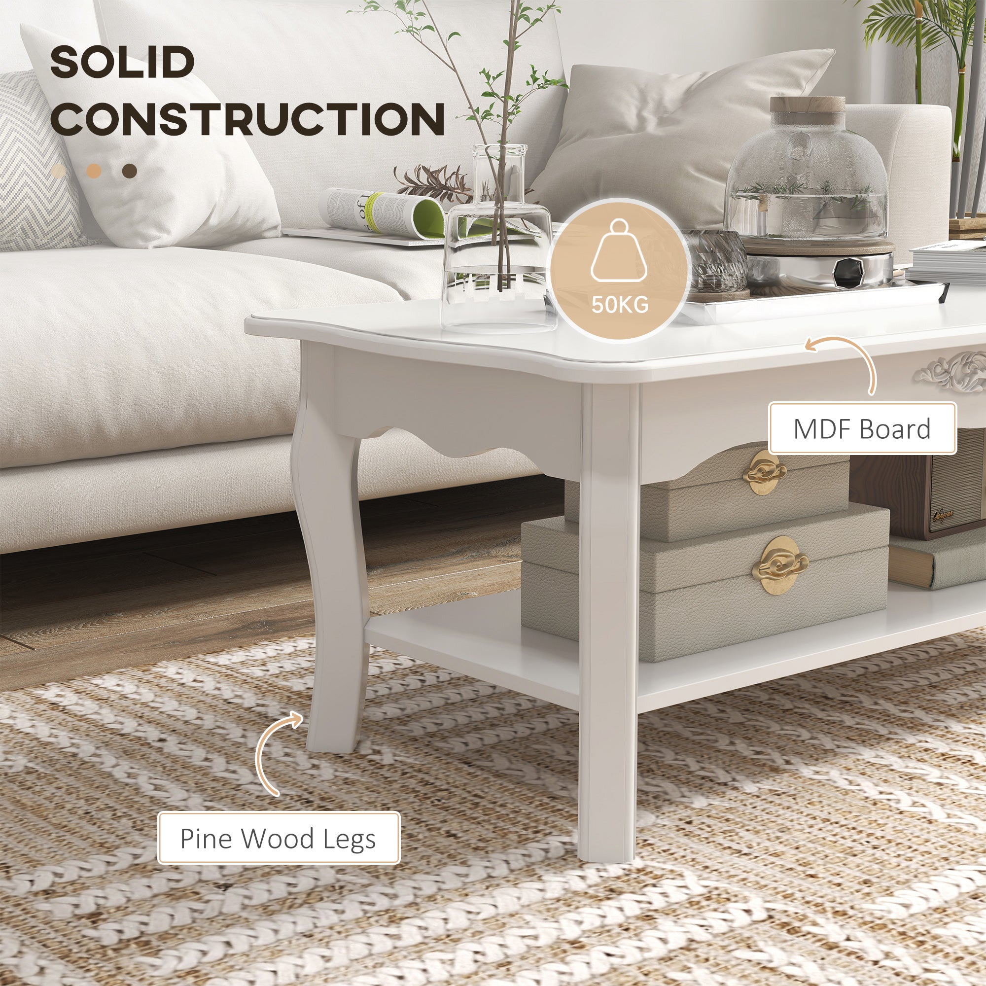 Modern Living Room Coffee Table with Large Lower Storage Shelf, White Wood Sofa Coffee Table 94x44x43cm