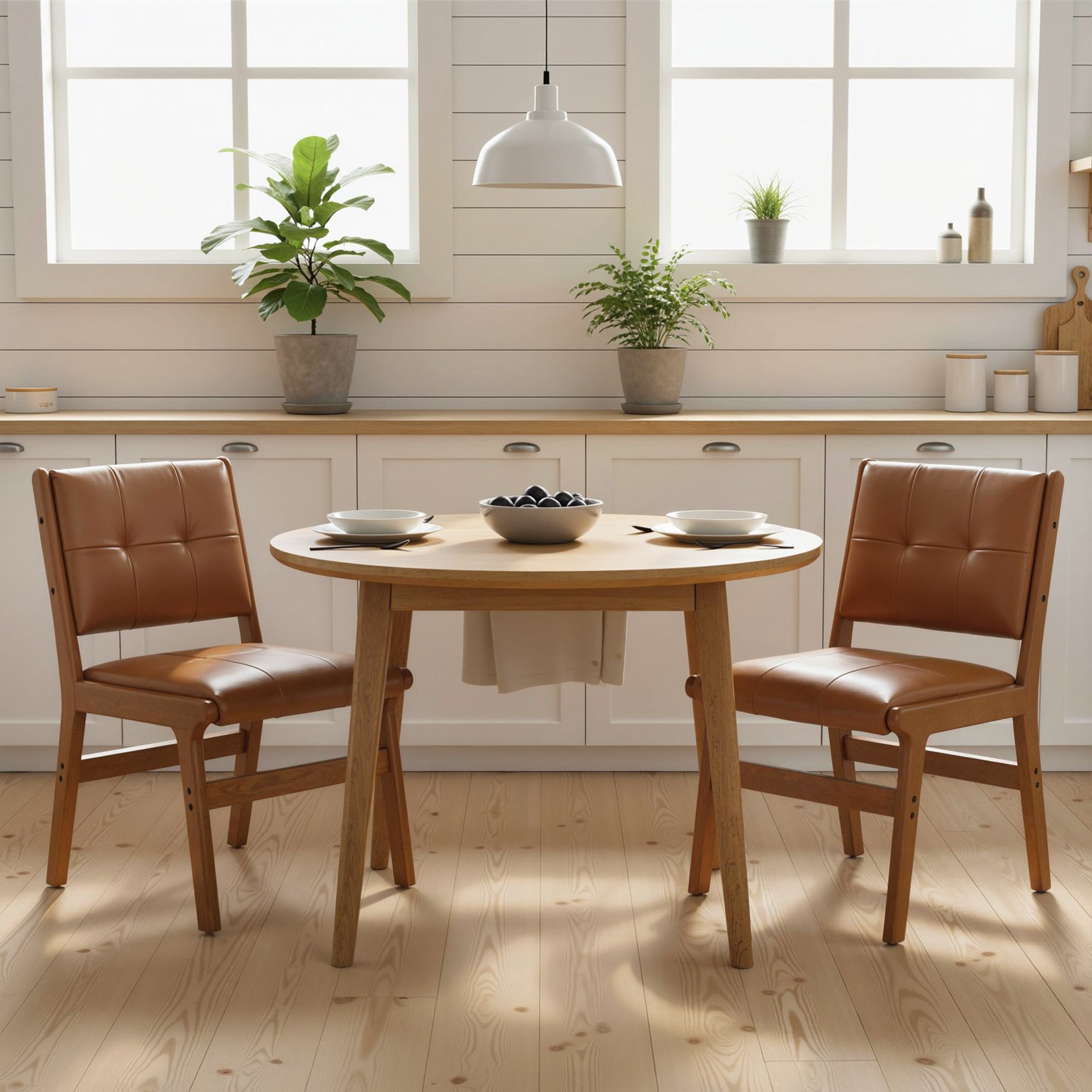 Set of 2 Dining Chairs, Modern PU Upholstered Kitchen Chairs, Padded Seat, Wooden Legs, Brown
