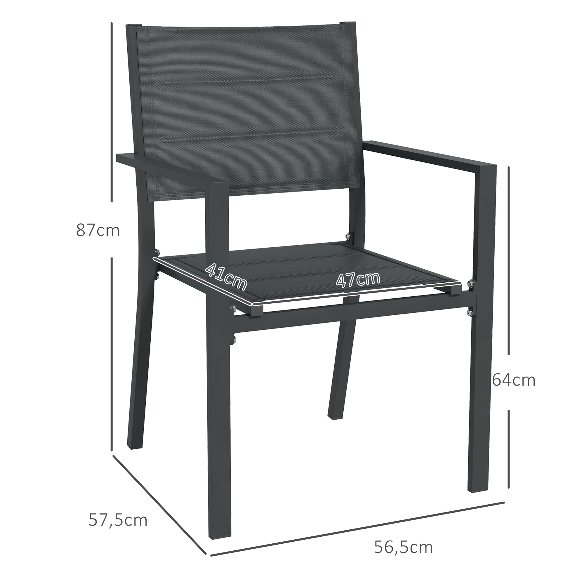 Set of 4 stackable aluminum and textilene garden chairs with armrests, set of 4 pieces for outdoor, Gray