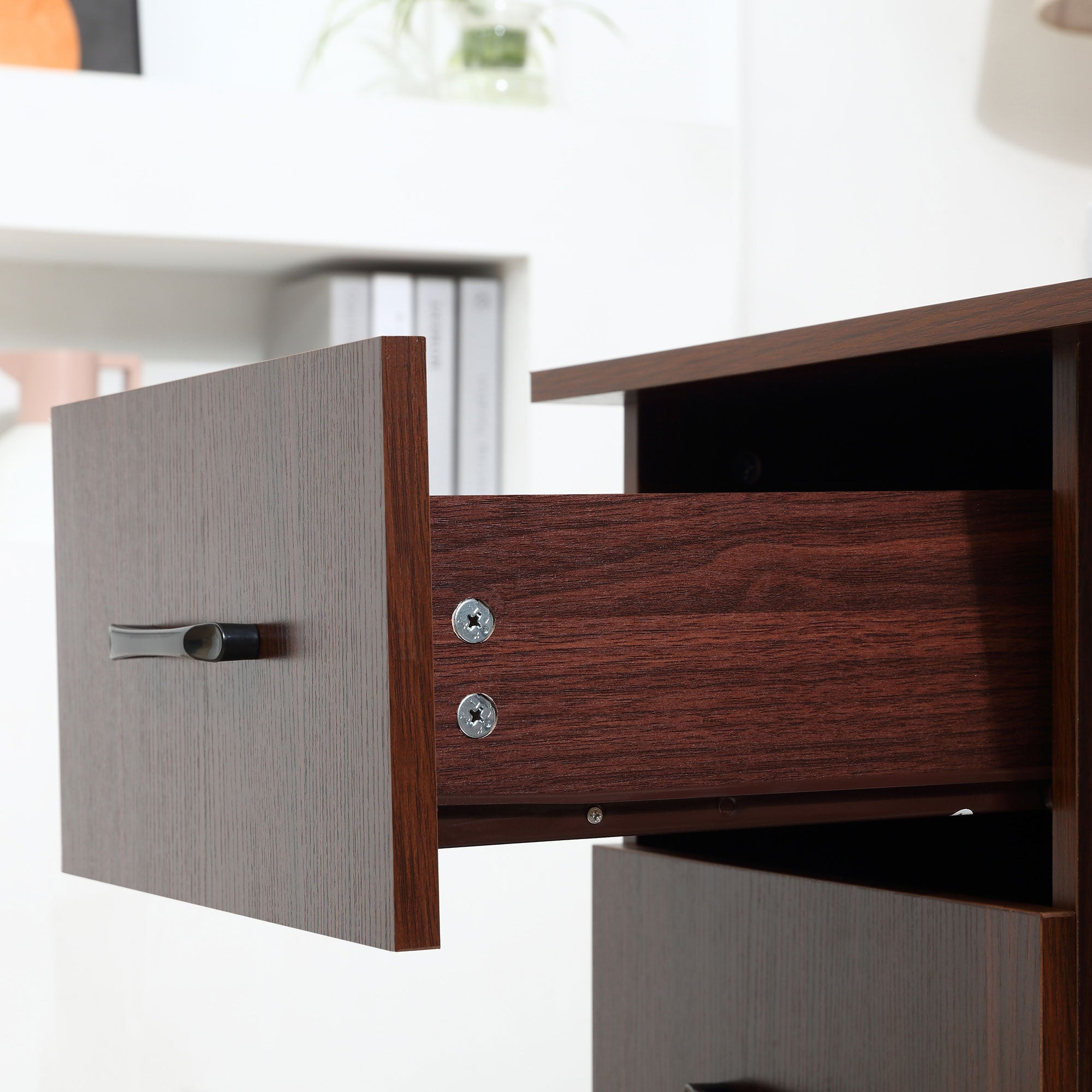Office Desk with 3 Reversible Drawers and 3 Shelves, 120cm Wooden Desk for Bedroom, Walnut Color