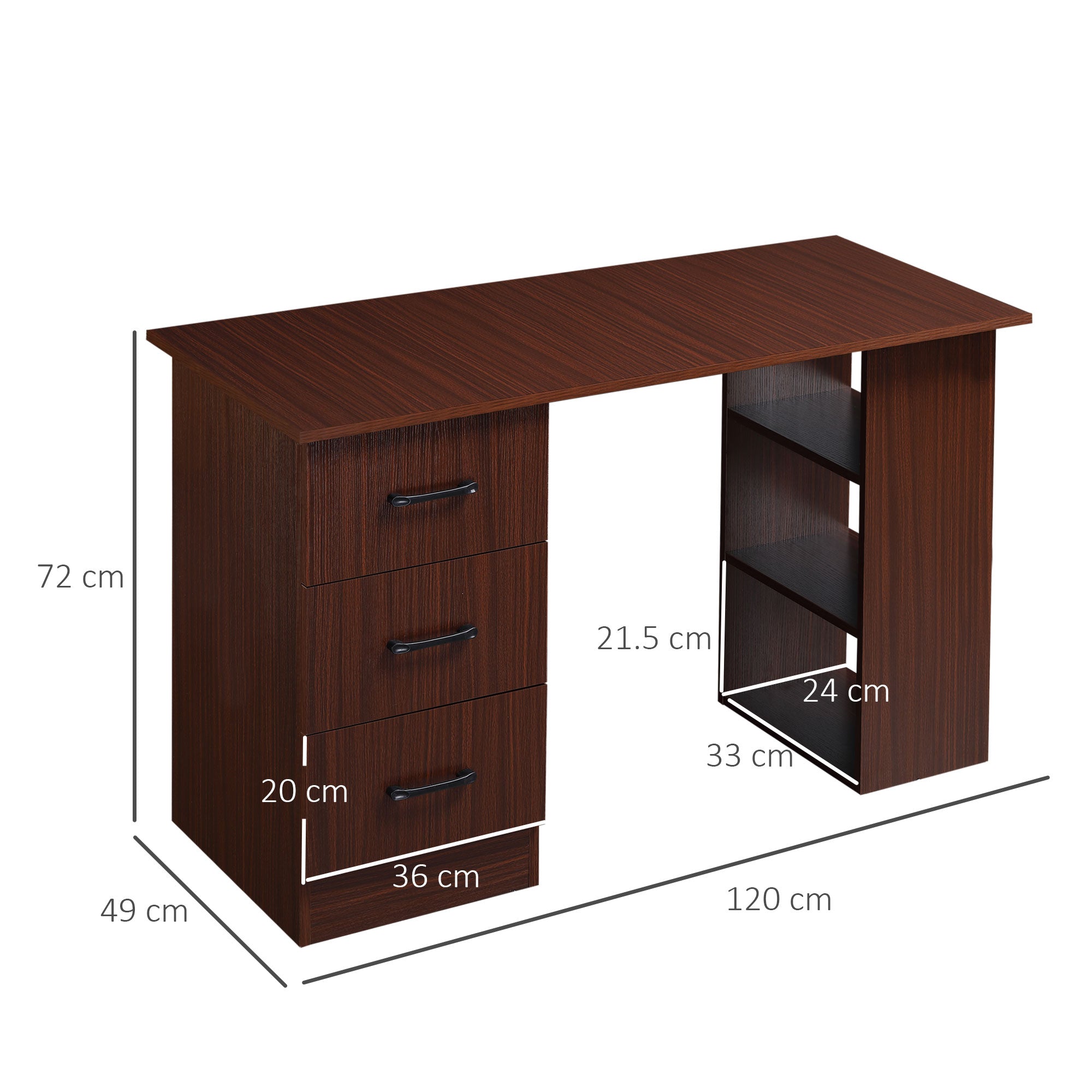Office Desk with 3 Reversible Drawers and 3 Shelves, 120cm Wooden Desk for Bedroom, Walnut Color