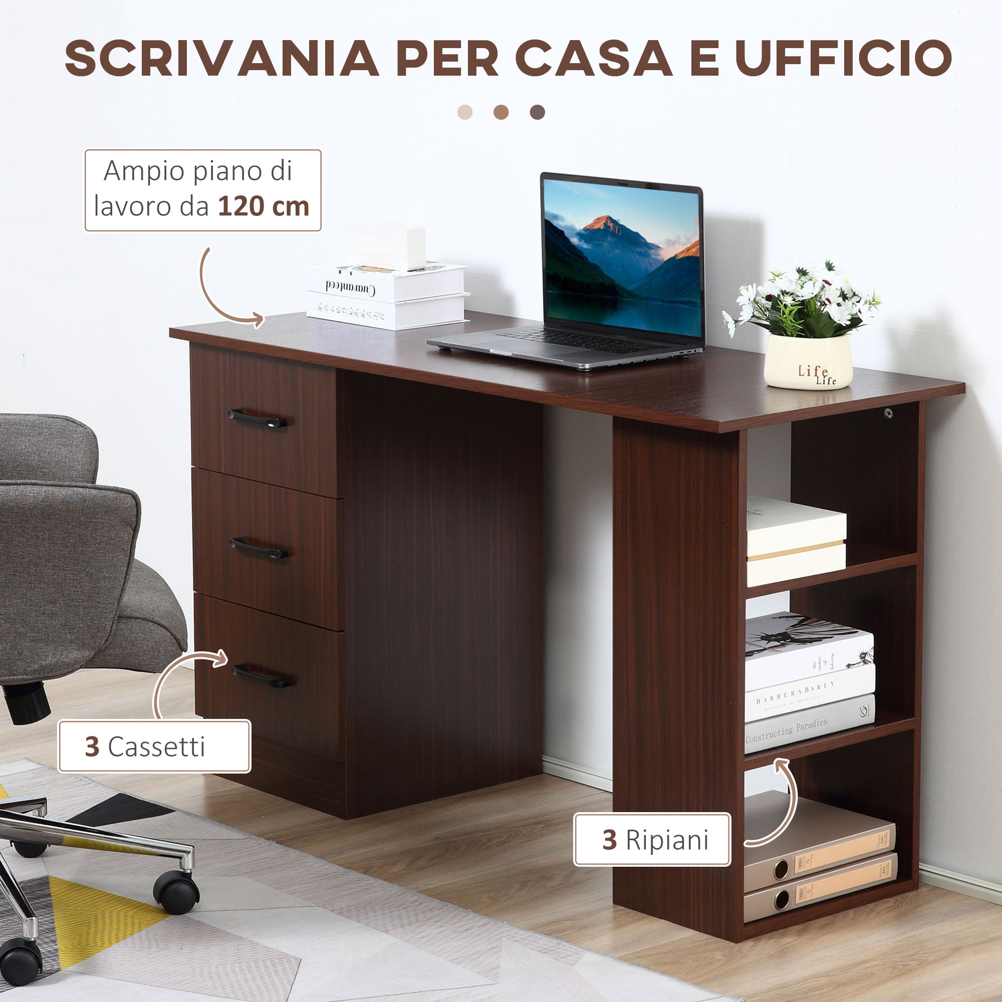 Office Desk with 3 Reversible Drawers and 3 Shelves, 120cm Wooden Desk for Bedroom, Walnut Color