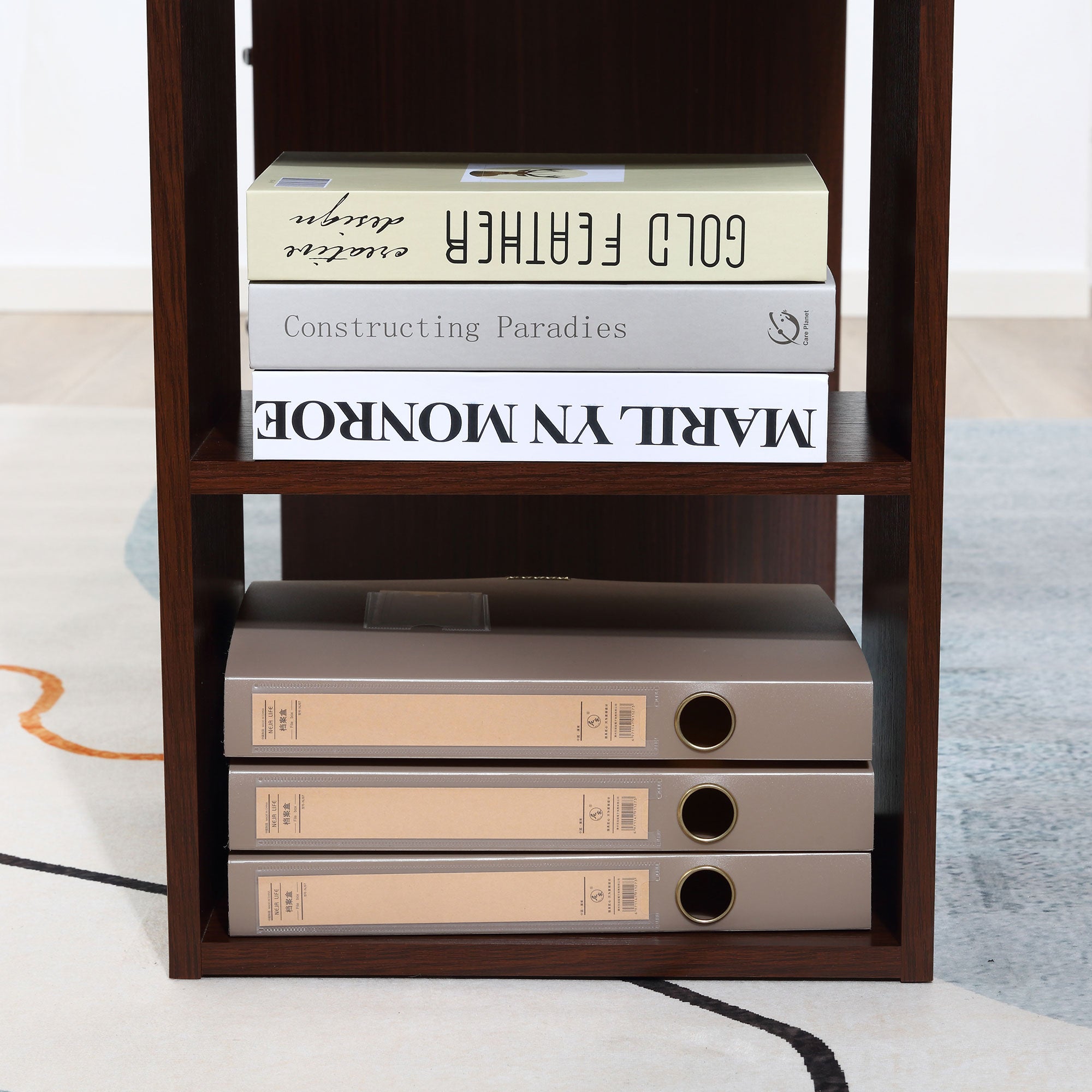 Office Desk with 3 Reversible Drawers and 3 Shelves, 120cm Wooden Desk for Bedroom, Walnut Color