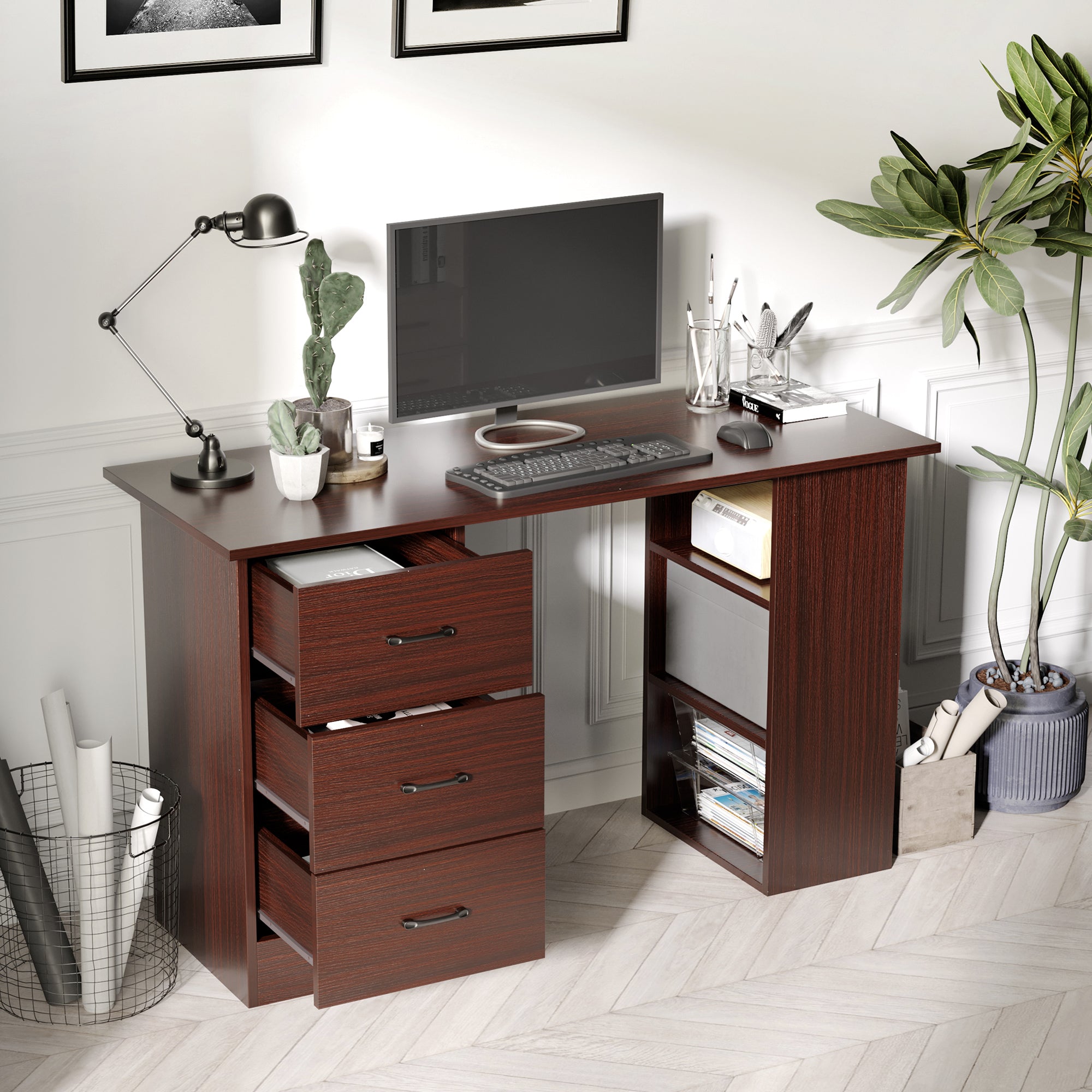 Office Desk with 3 Reversible Drawers and 3 Shelves, 120cm Wooden Desk for Bedroom, Walnut Color
