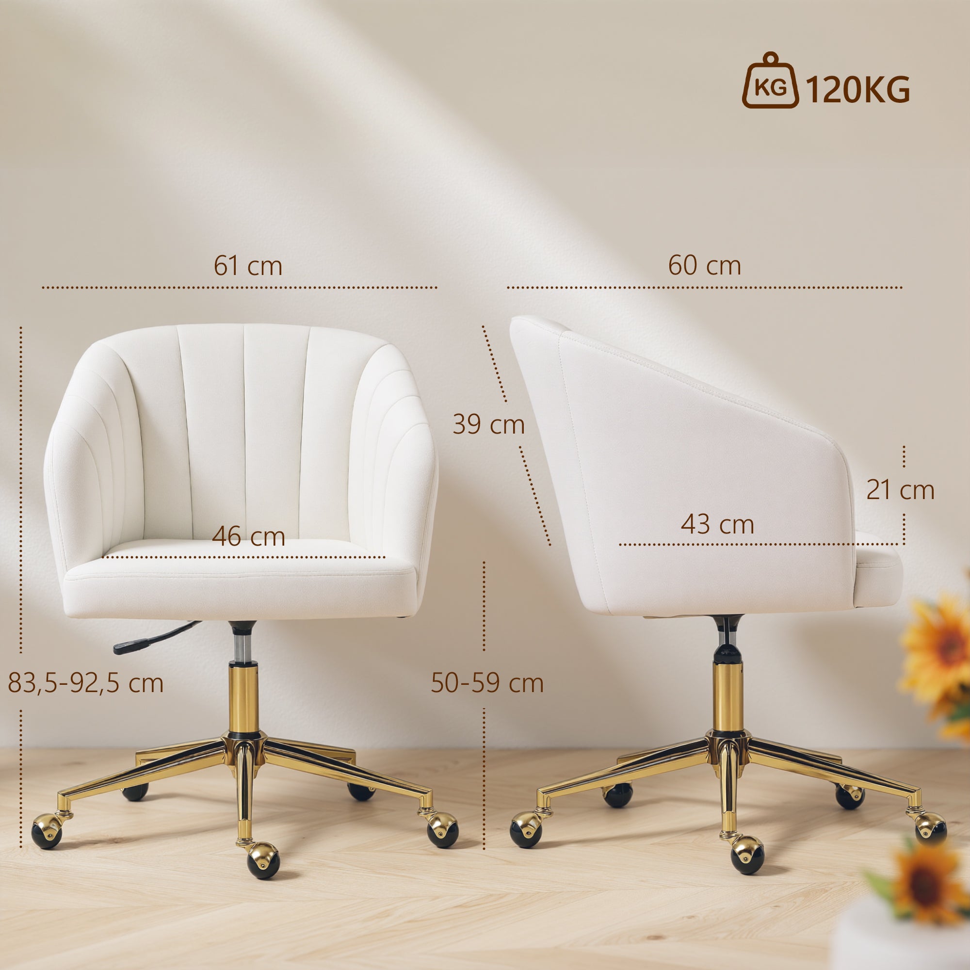 Velvet Office Chair with Casters — Padded Channel Back, Wide Seat, Adjustable Height, High‑Resilience Foam — Cream