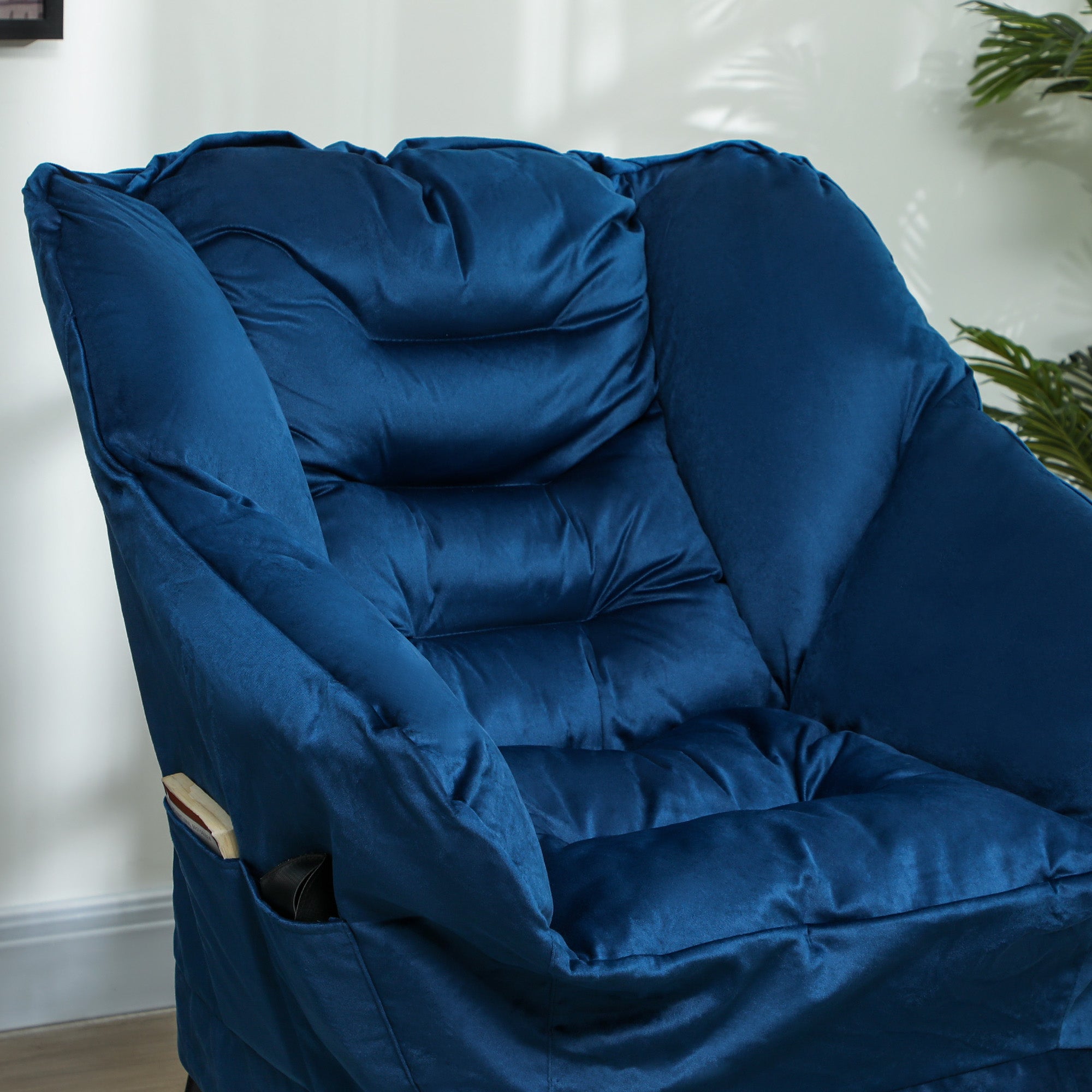 Living Room Chair with Footstool Relax Armchair for Bedroom with Side Pockets and Steel Legs for Dark Blue Living Room