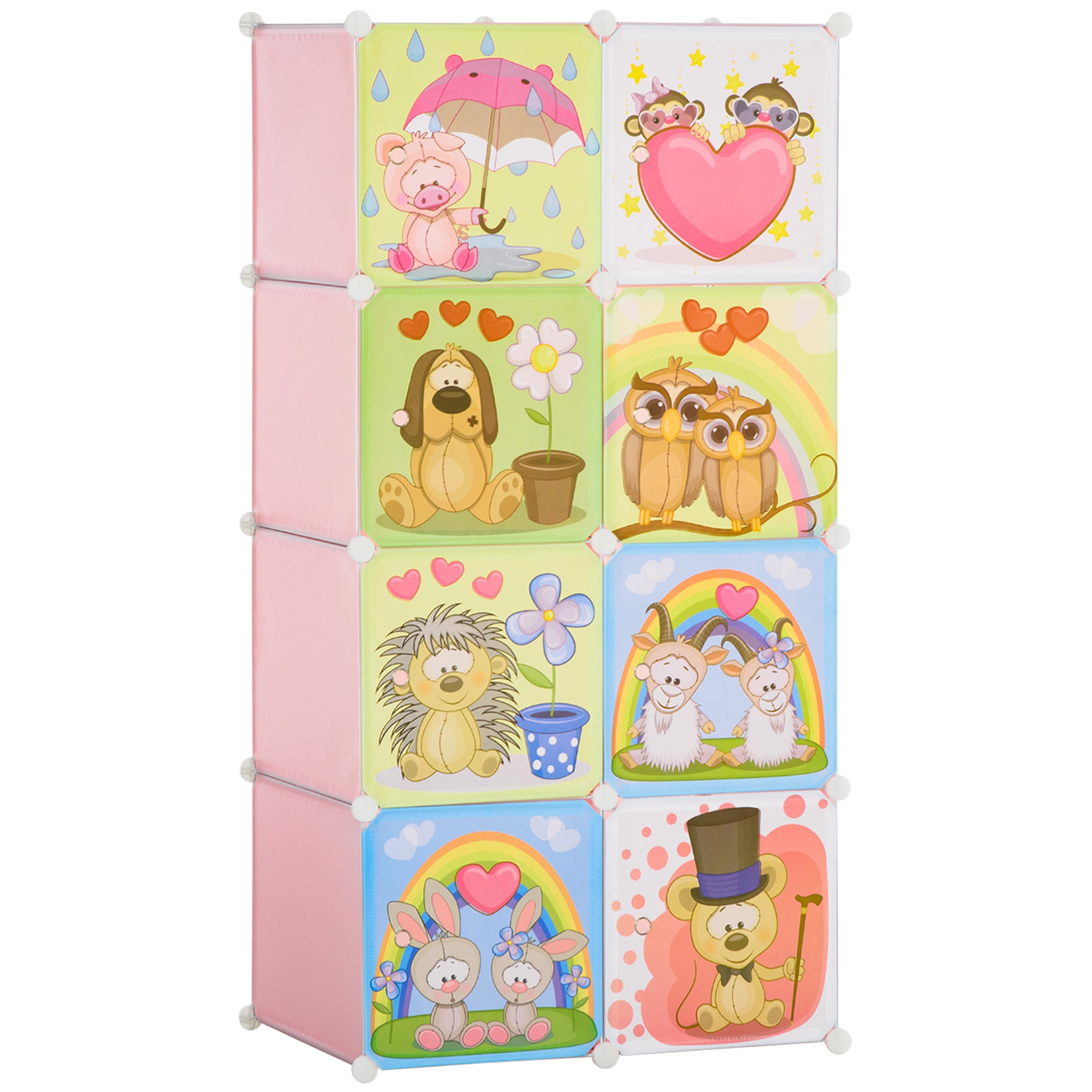 Modular Shoe Rack Modular Wardrobe Shoe Rack with Animal Designs for Indoors, 8 Cubes 35x45x35cm in PP Plastic and Steel, 74x47x144cm, Pink