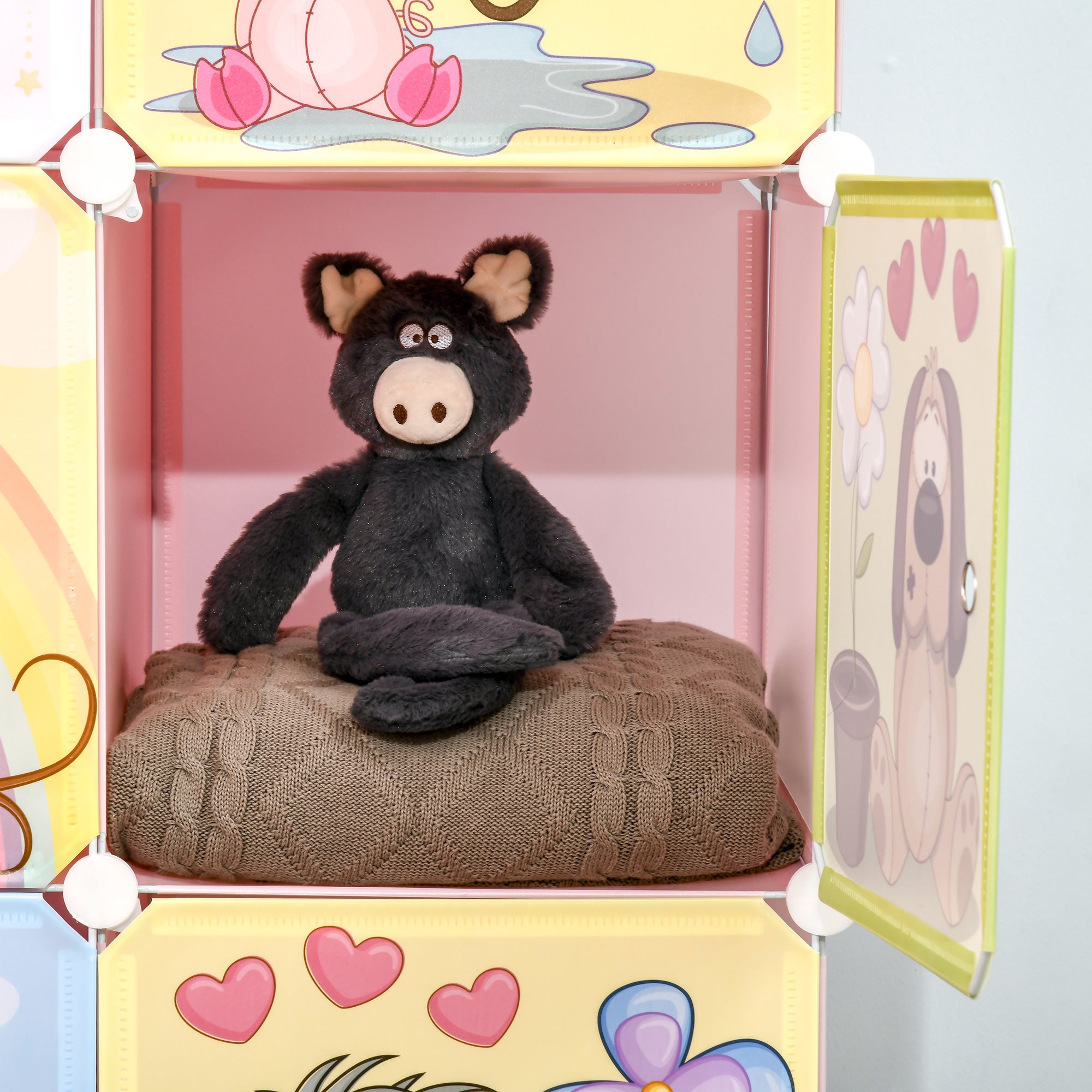 Modular Shoe Rack Modular Wardrobe Shoe Rack with Animal Designs for Indoors, 8 Cubes 35x45x35cm in PP Plastic and Steel, 74x47x144cm, Pink