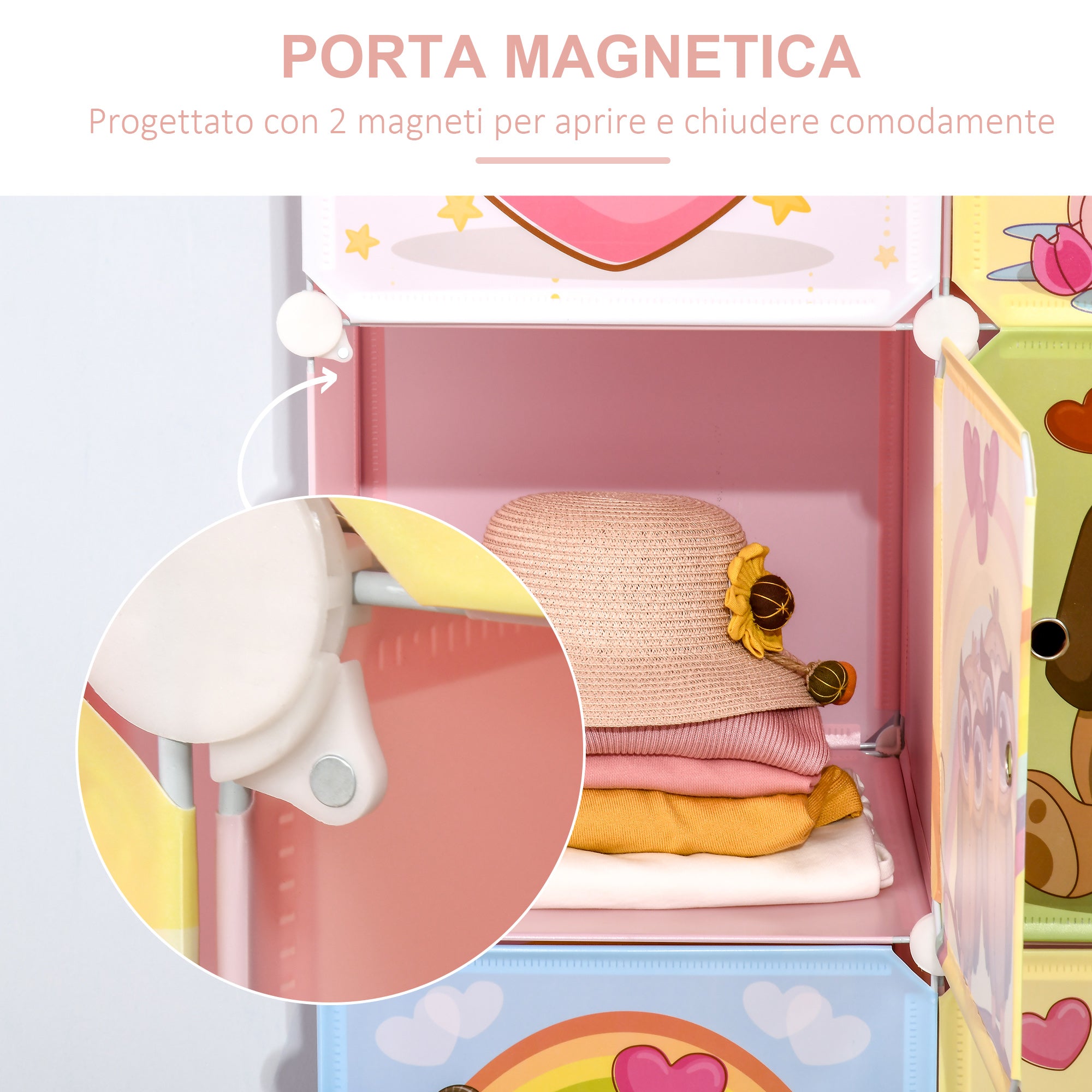 Modular Shoe Rack Modular Wardrobe Shoe Rack with Animal Designs for Indoors, 8 Cubes 35x45x35cm in PP Plastic and Steel, 74x47x144cm, Pink