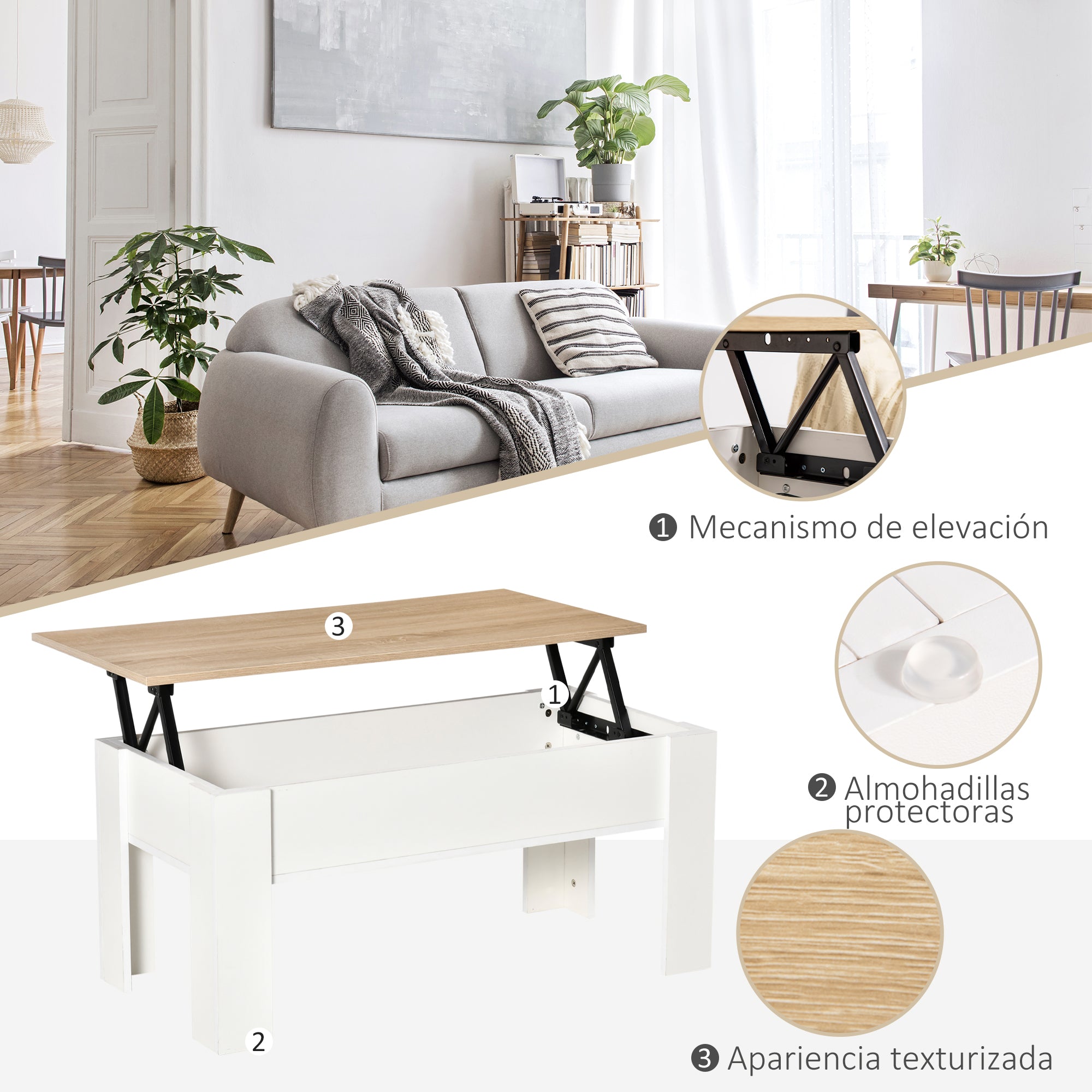 Lift-Top Coffee Table with Lift-Up Tabletop Hidden Storage Space 100x50x45-58.5 cm White and Natural