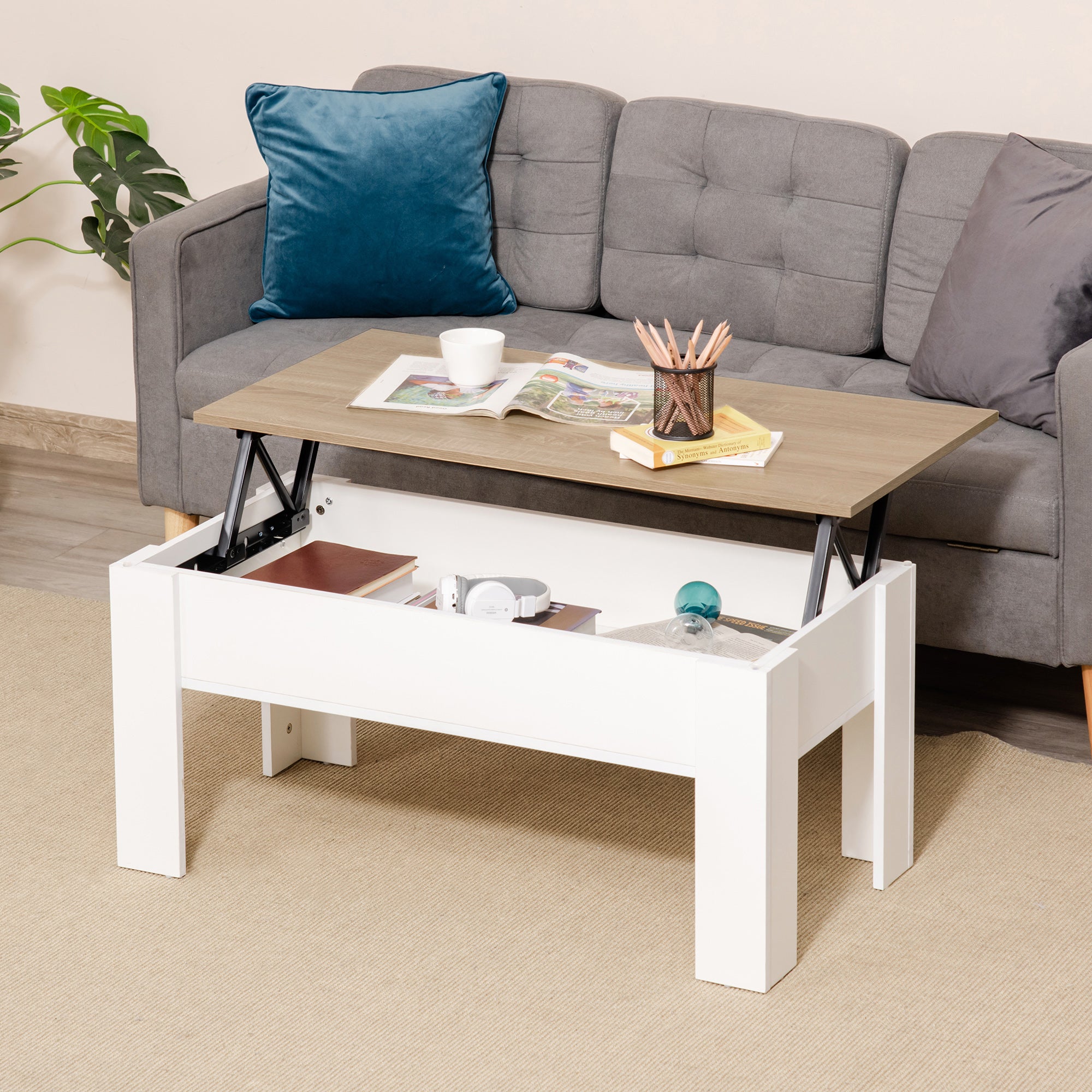 Lift-Top Coffee Table with Lift-Up Tabletop Hidden Storage Space 100x50x45-58.5 cm White and Natural