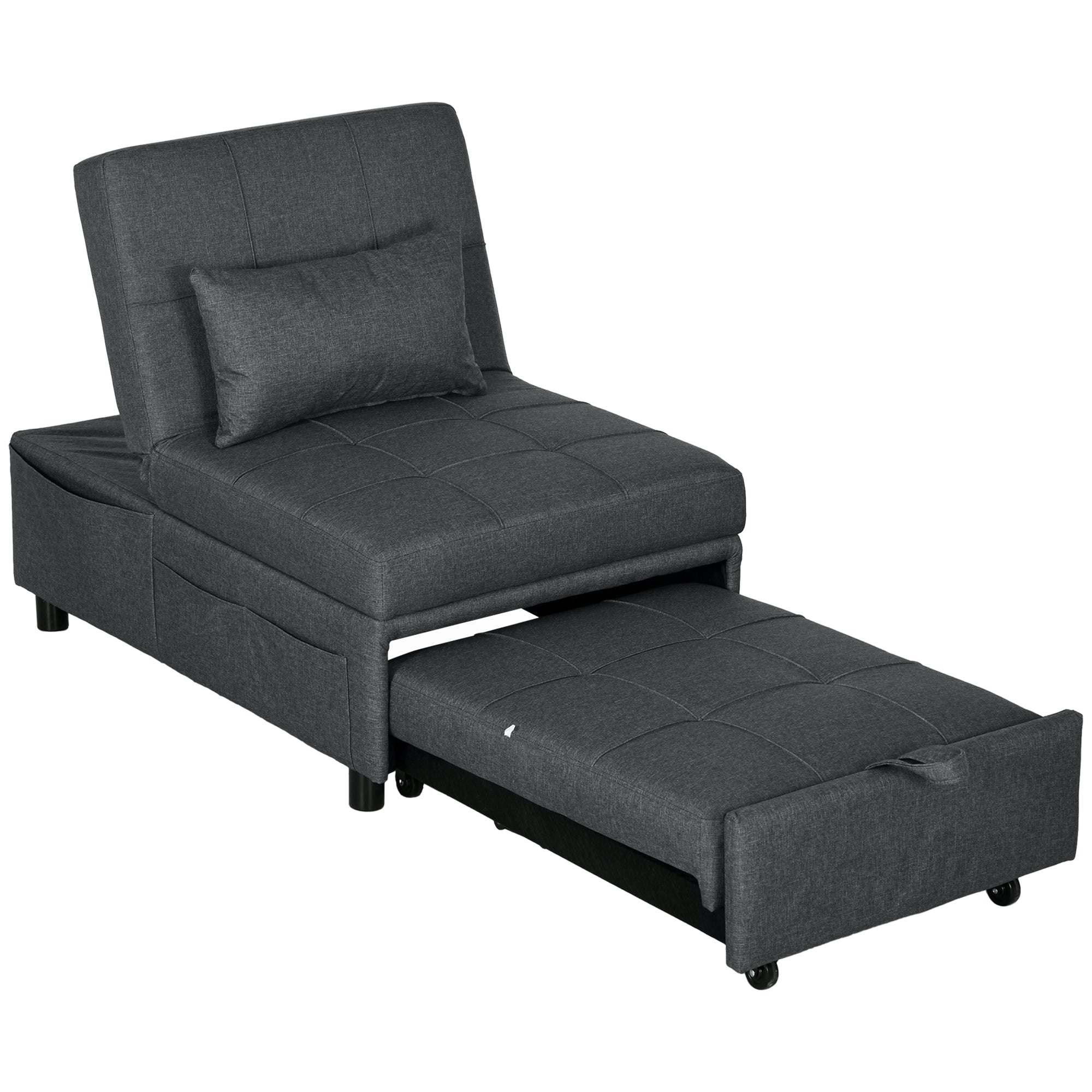 3-in-1 Convertible Single Armchair — Recliner, Ottoman & Single Sofa Bed, Adjustable Back, Padded Seat and Pillow, Gray