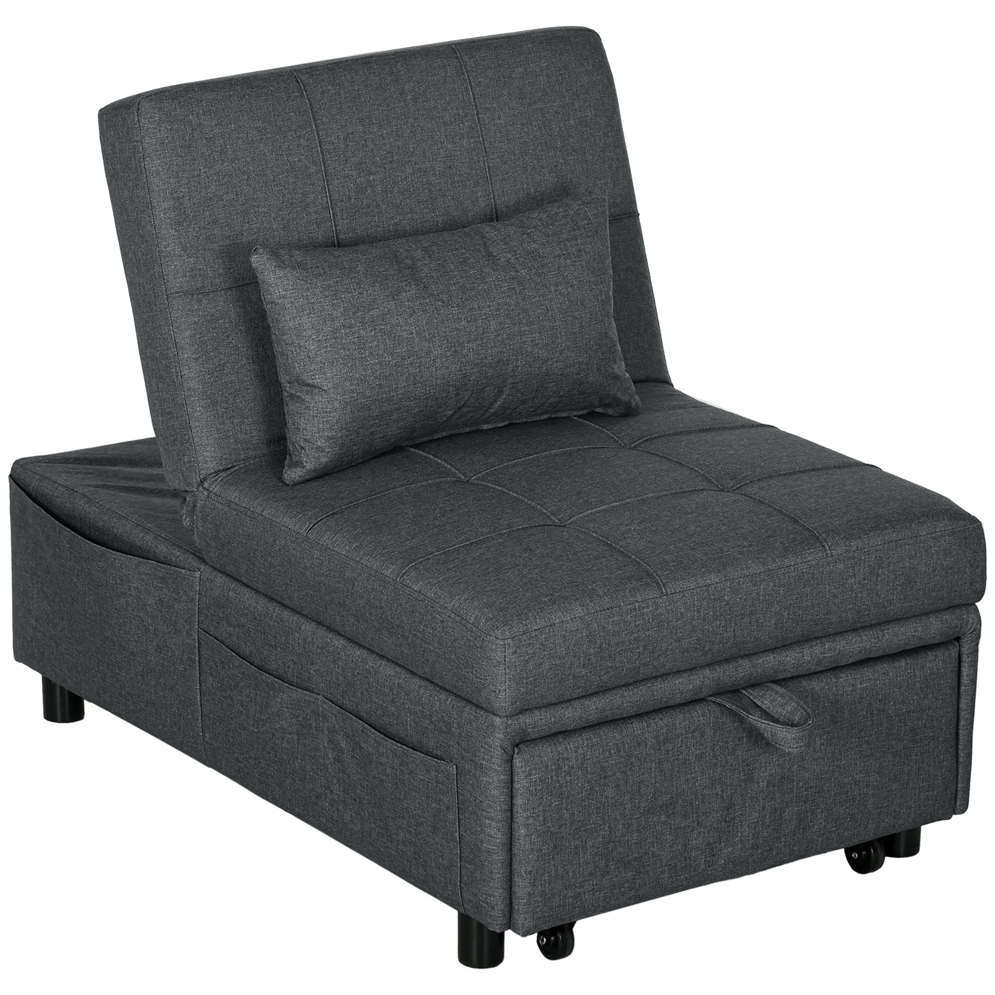 3-in-1 Convertible Single Armchair — Recliner, Ottoman & Single Sofa Bed, Adjustable Back, Padded Seat and Pillow, Gray