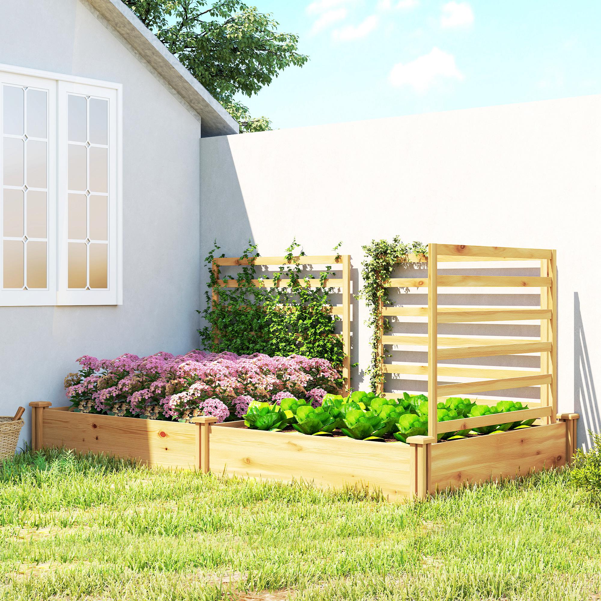 Raised Wooden Planter with 3 Trellises, Double Beds & Open Base — 240 x 125 x 102 cm (94.5" x 49.2" x 40.2") — Natural Pine