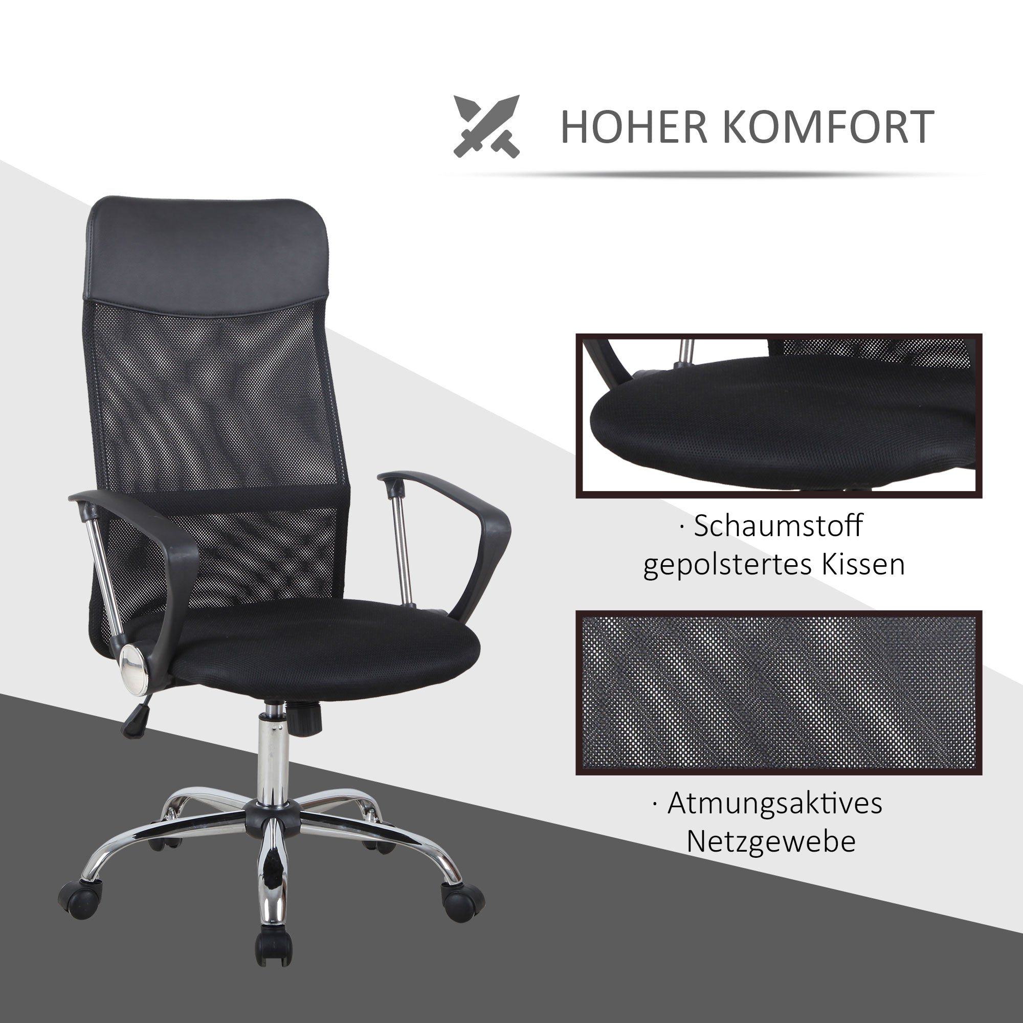 Ergonomic Office Chair, Gaming Chair, Swivel Chair with Rocking Function, Height Adjustable Desk Chair, Foam, Mesh, Black, 63 x 65 x 109-119 cm
