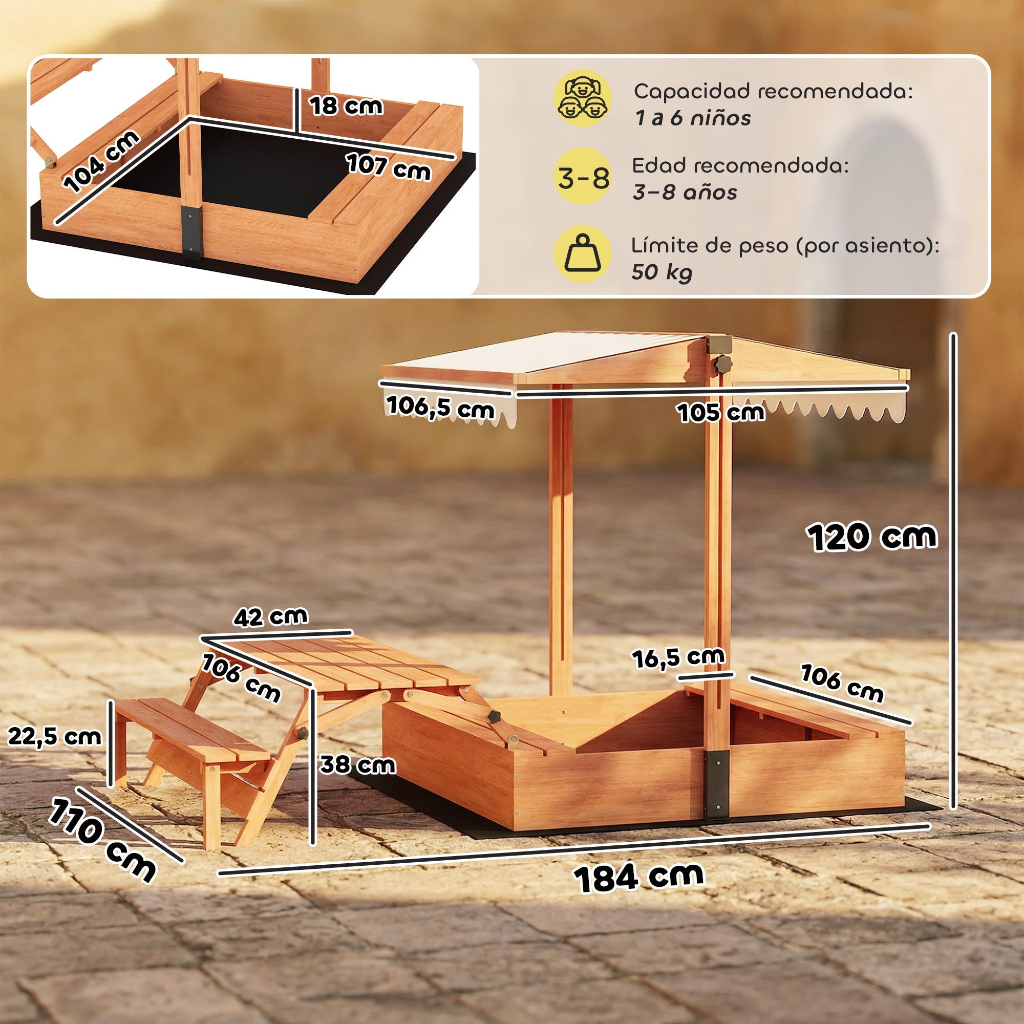 Wooden Kids Sandbox with Adjustable Canopy, Foldable Picnic Table & Benches, Cover, Seats 6 (Ages 3–8), for Yard & Garden, 72.4×43.3×47.2 in (184×110×120 cm), Brown