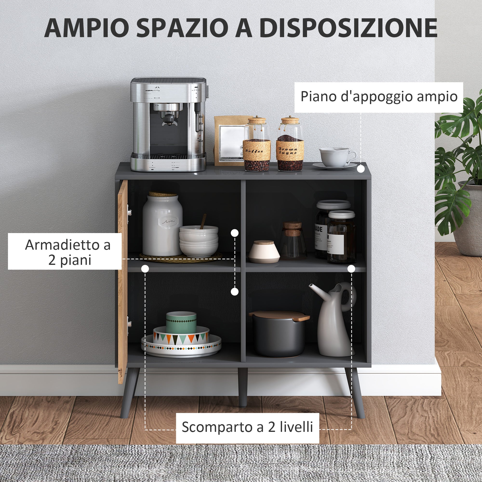 Sideboard Buffet with Cabinet and Storage Compartment with Adjustable Shelves on 3 Levels, Modern Cabinet with Pine Wood Legs, 80x39x76 cm, Dark Gray