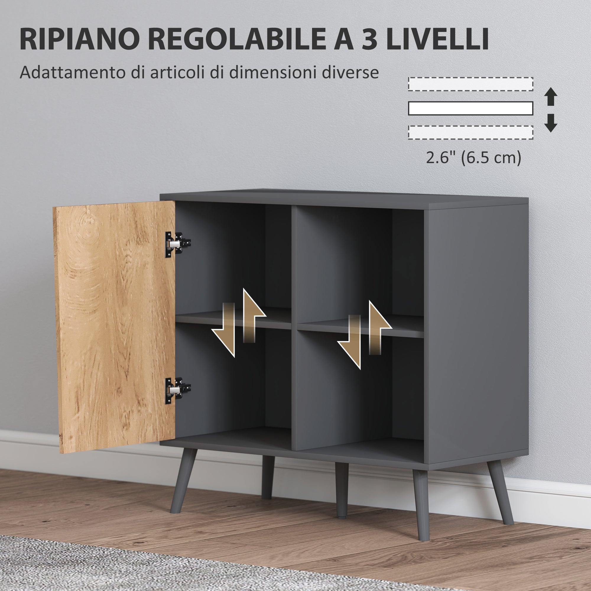 Sideboard Buffet with Cabinet and Storage Compartment with Adjustable Shelves on 3 Levels, Modern Cabinet with Pine Wood Legs, 80x39x76 cm, Dark Gray