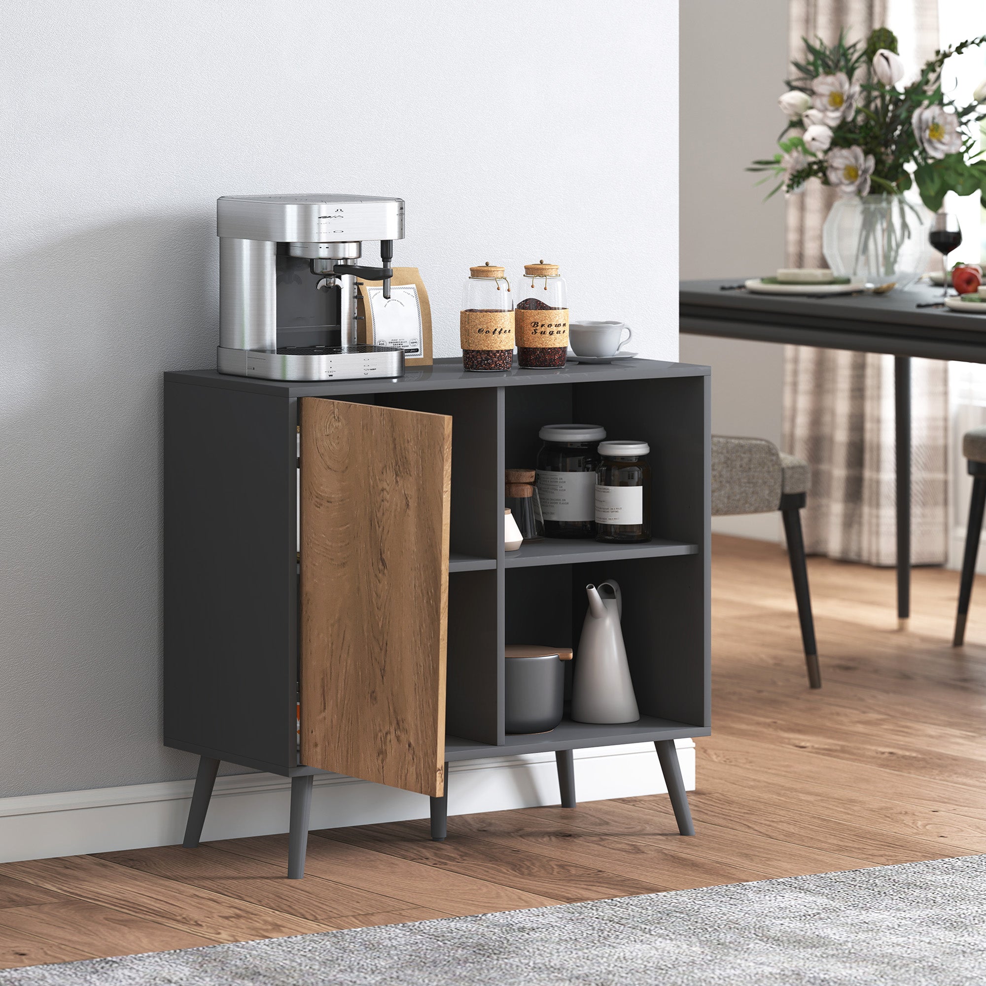 Sideboard Buffet with Cabinet and Storage Compartment with Adjustable Shelves on 3 Levels, Modern Cabinet with Pine Wood Legs, 80x39x76 cm, Dark Gray