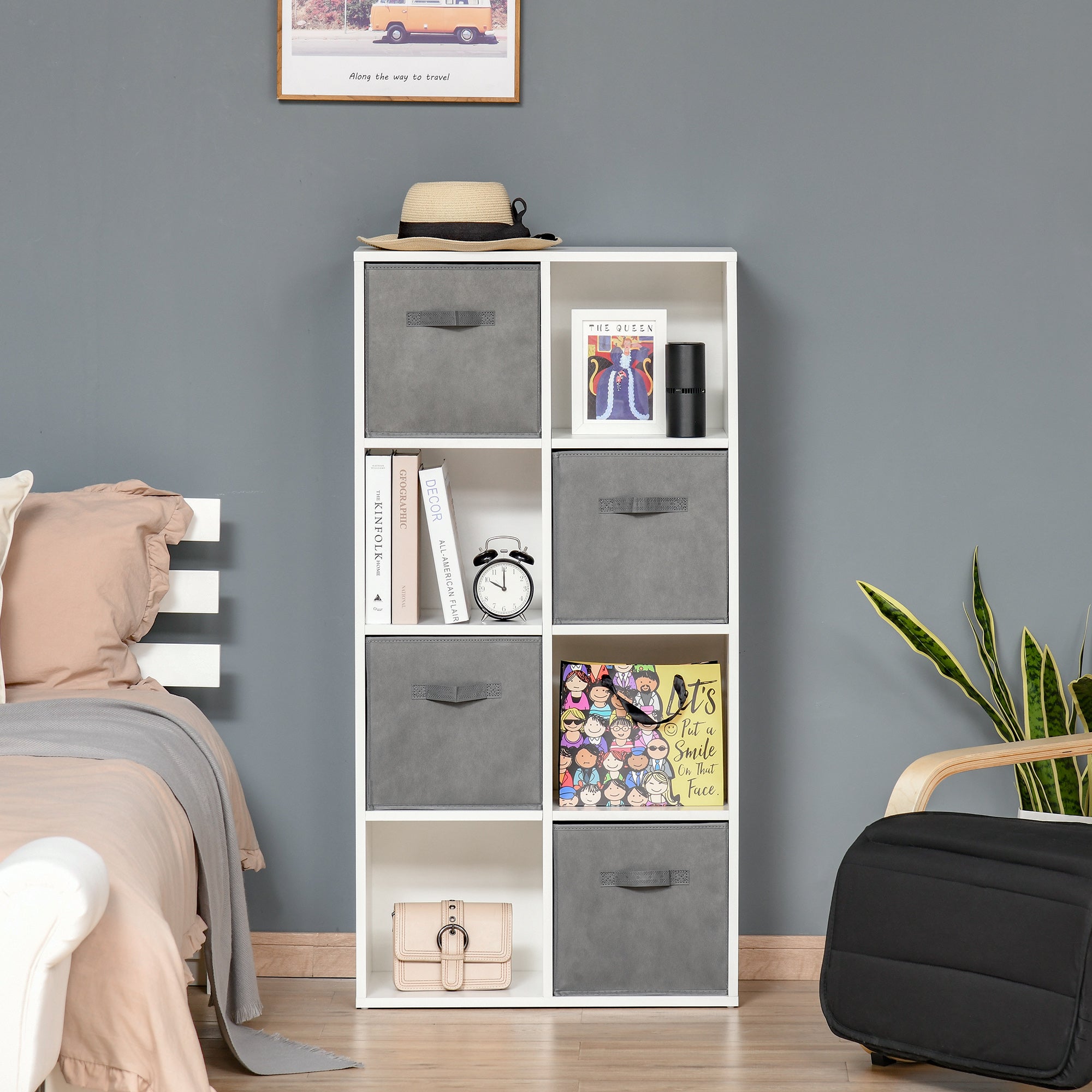 8-Cube Bookshelf Modular Bookcase with 4 Removable Non-Woven Fabric Drawers for Office Study Bedroom 61.5x30x121.6 cm White and Gray