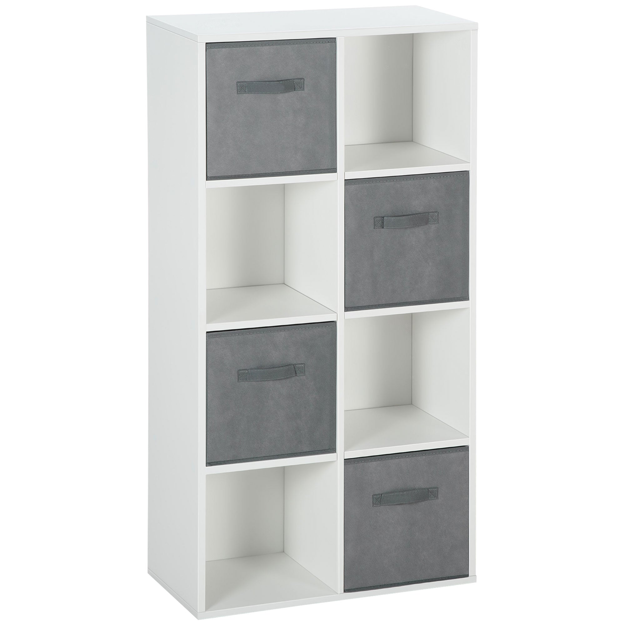 8-Cube Bookshelf Modular Bookcase with 4 Removable Non-Woven Fabric Drawers for Office Study Bedroom 61.5x30x121.6 cm White and Gray