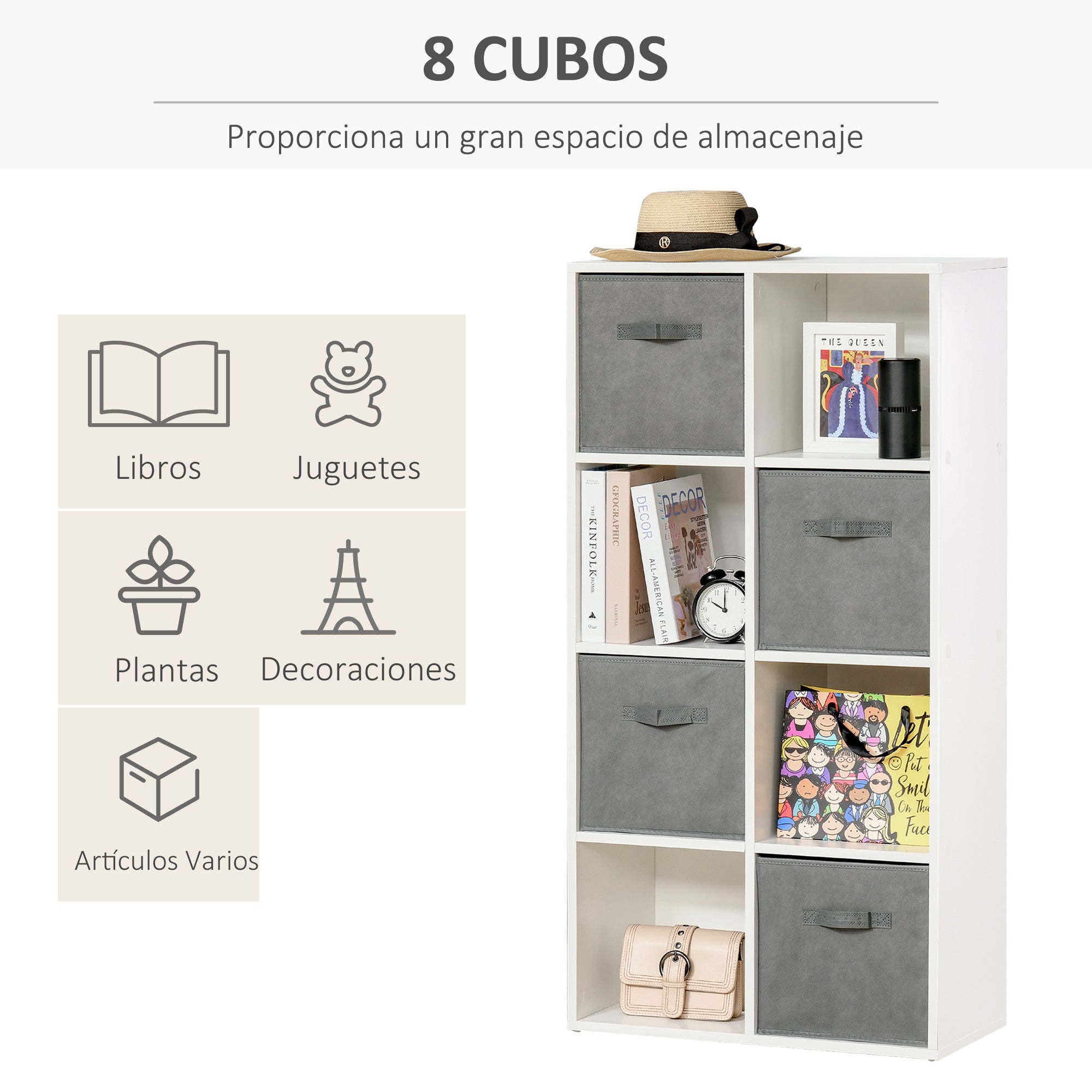 8-Cube Bookshelf Modular Bookcase with 4 Removable Non-Woven Fabric Drawers for Office Study Bedroom 61.5x30x121.6 cm White and Gray