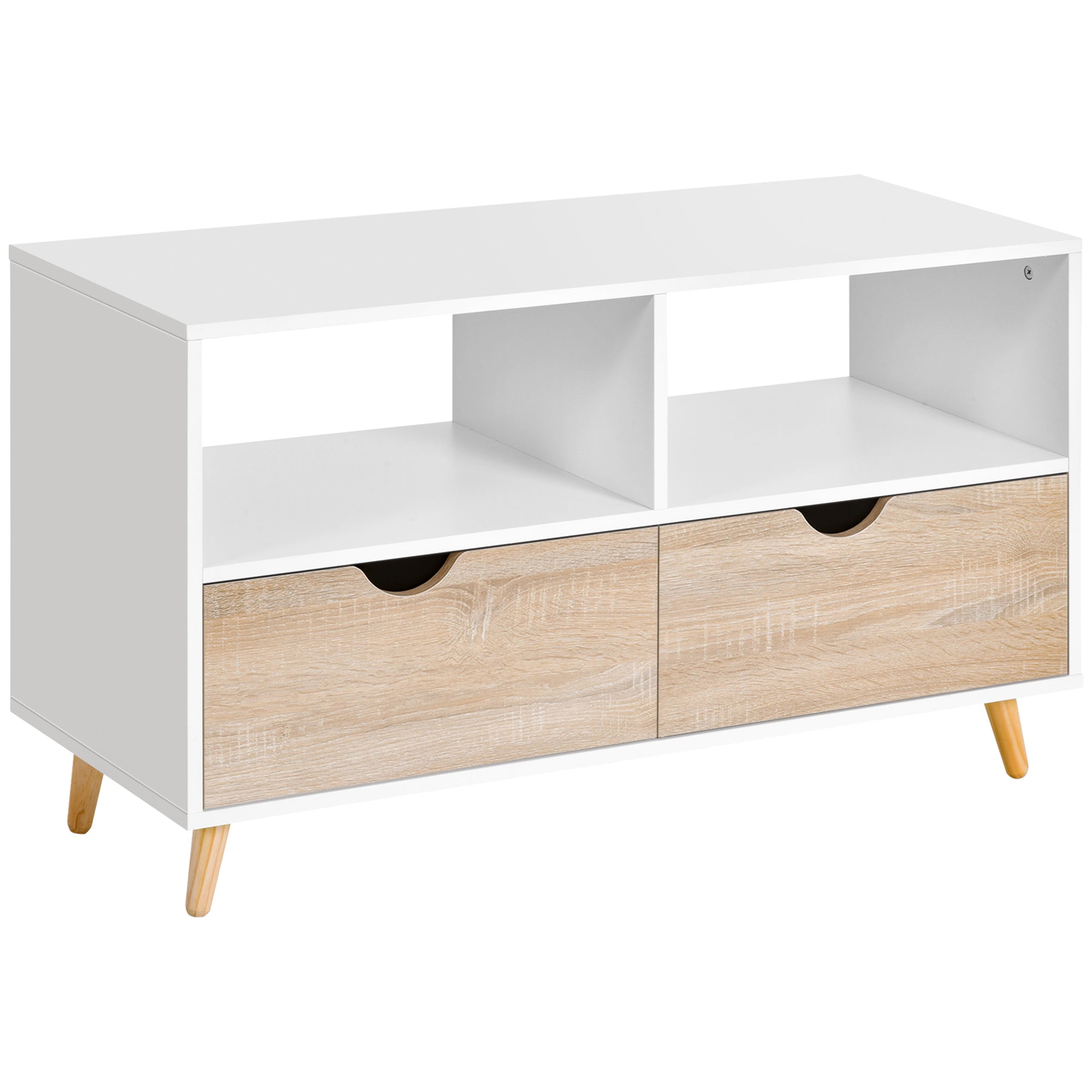 Low Scandinavian Style TV Stand 2 Drawers Light Oak White