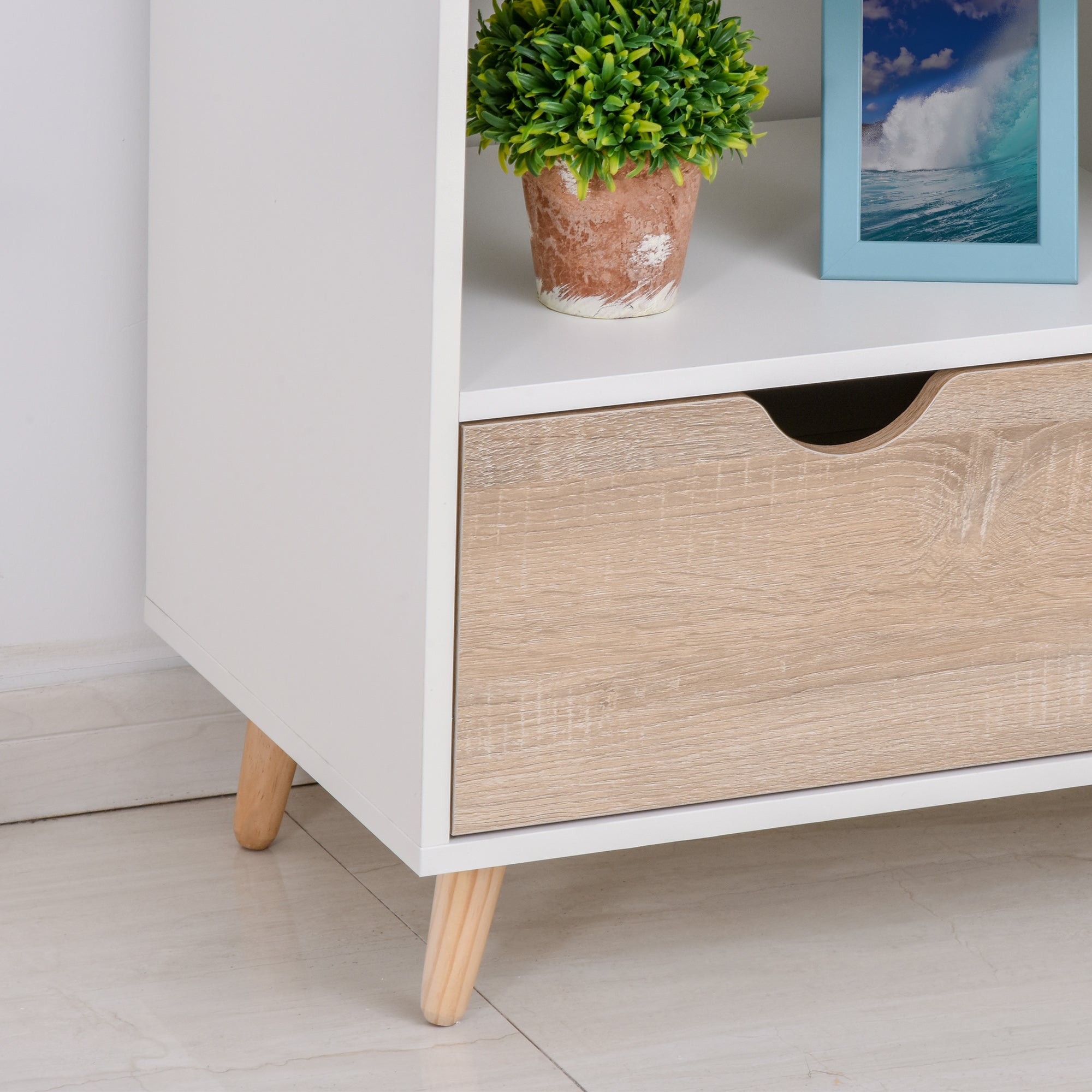 Low Scandinavian Style TV Stand 2 Drawers Light Oak White