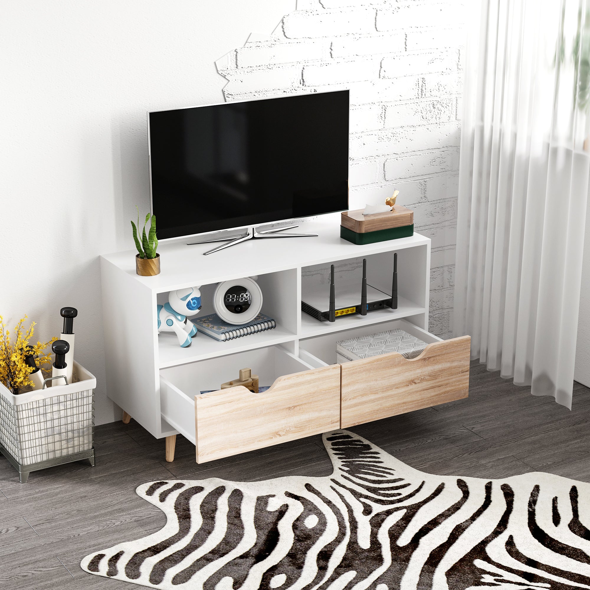 Low Scandinavian Style TV Stand 2 Drawers Light Oak White