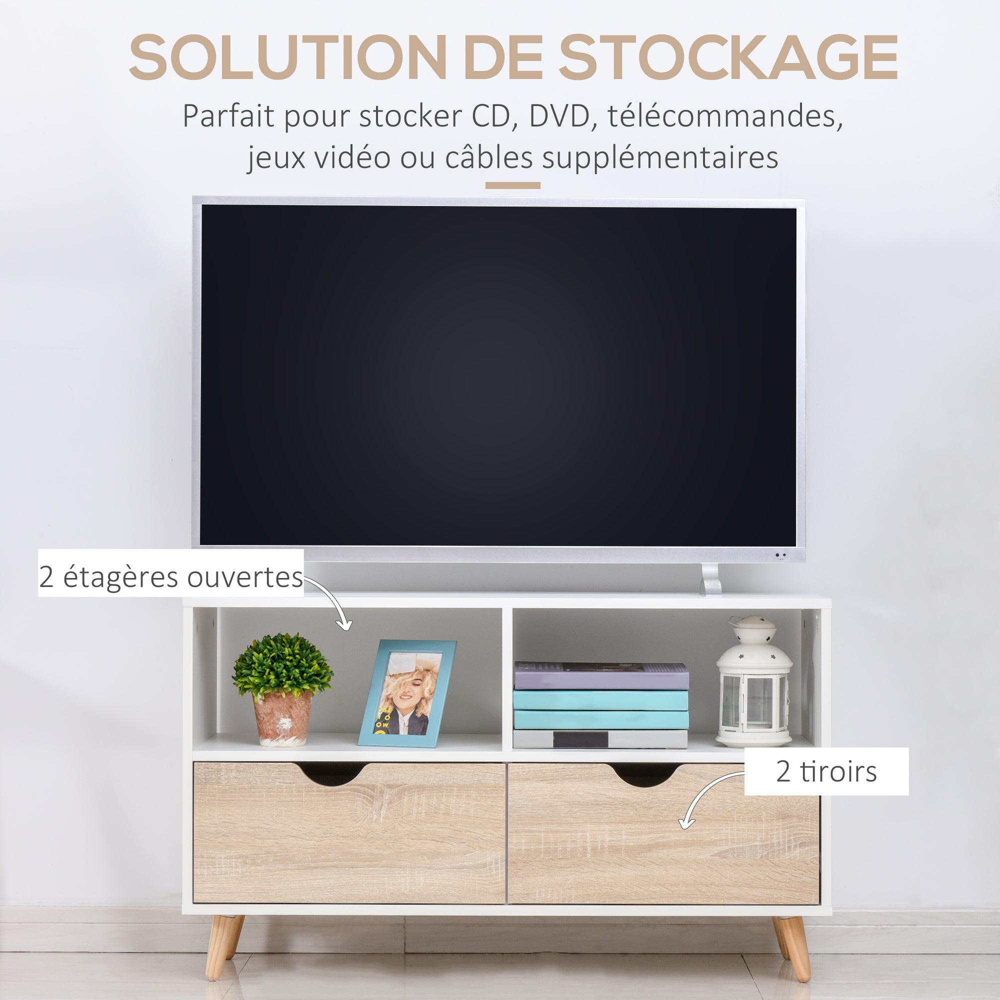 Low Scandinavian Style TV Stand 2 Drawers Light Oak White