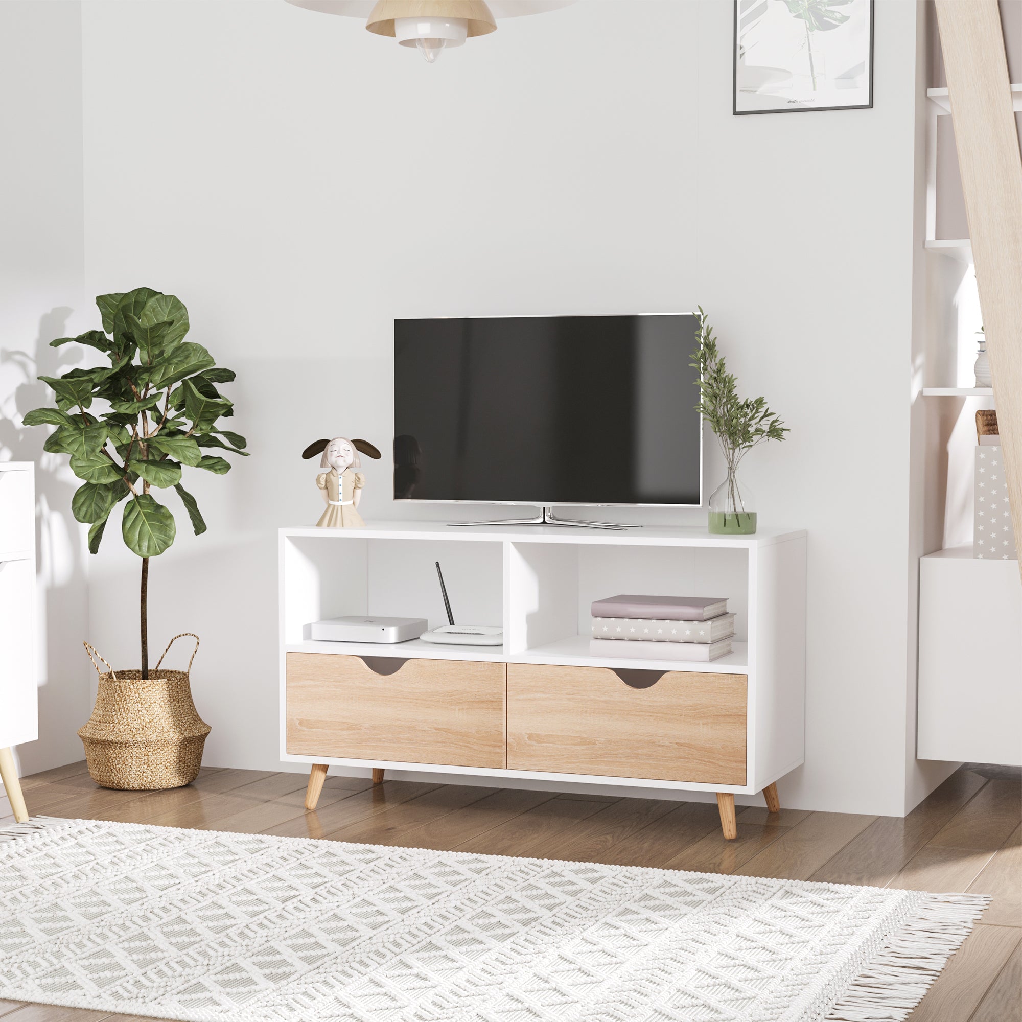 Low Scandinavian Style TV Stand 2 Drawers Light Oak White