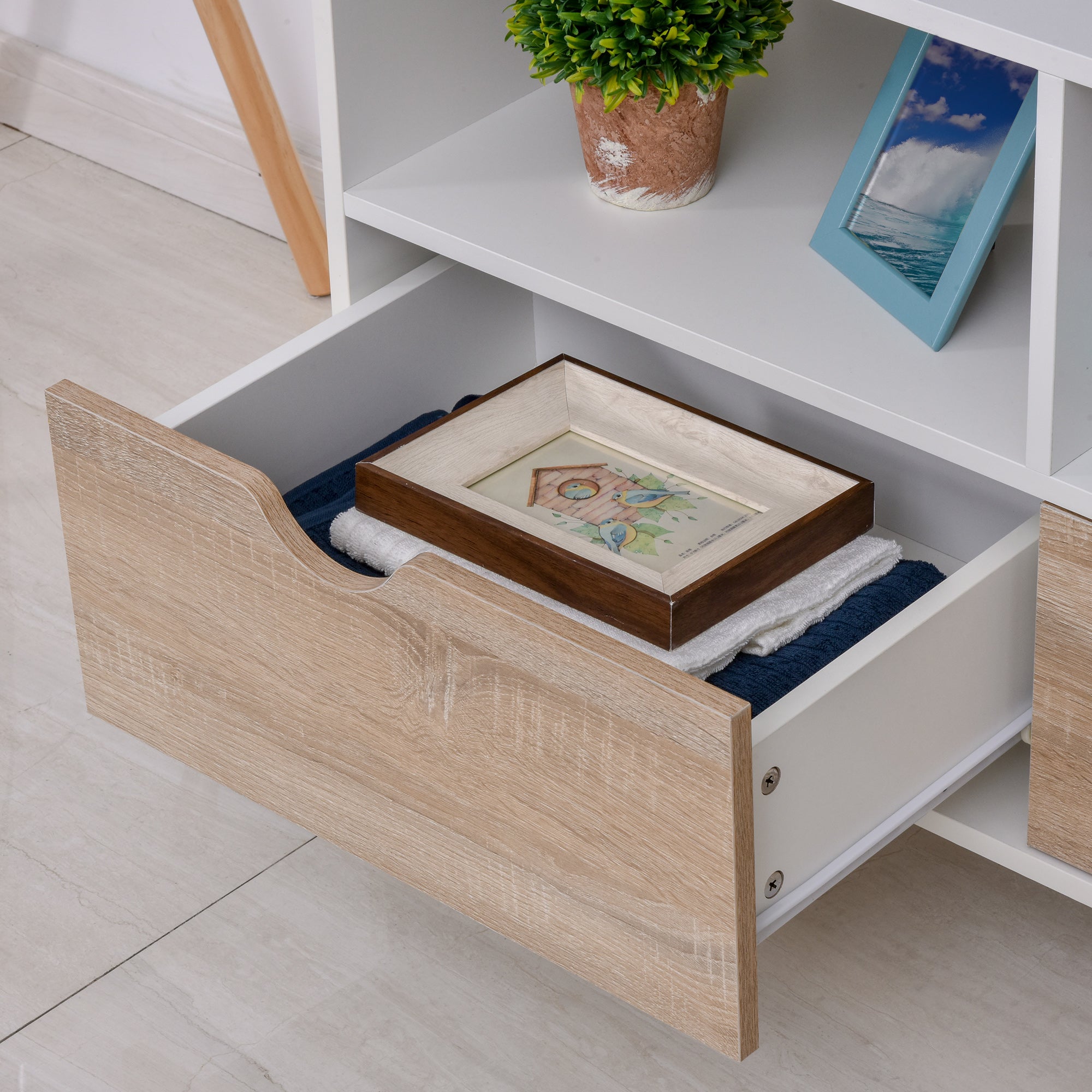 Low Scandinavian Style TV Stand 2 Drawers Light Oak White