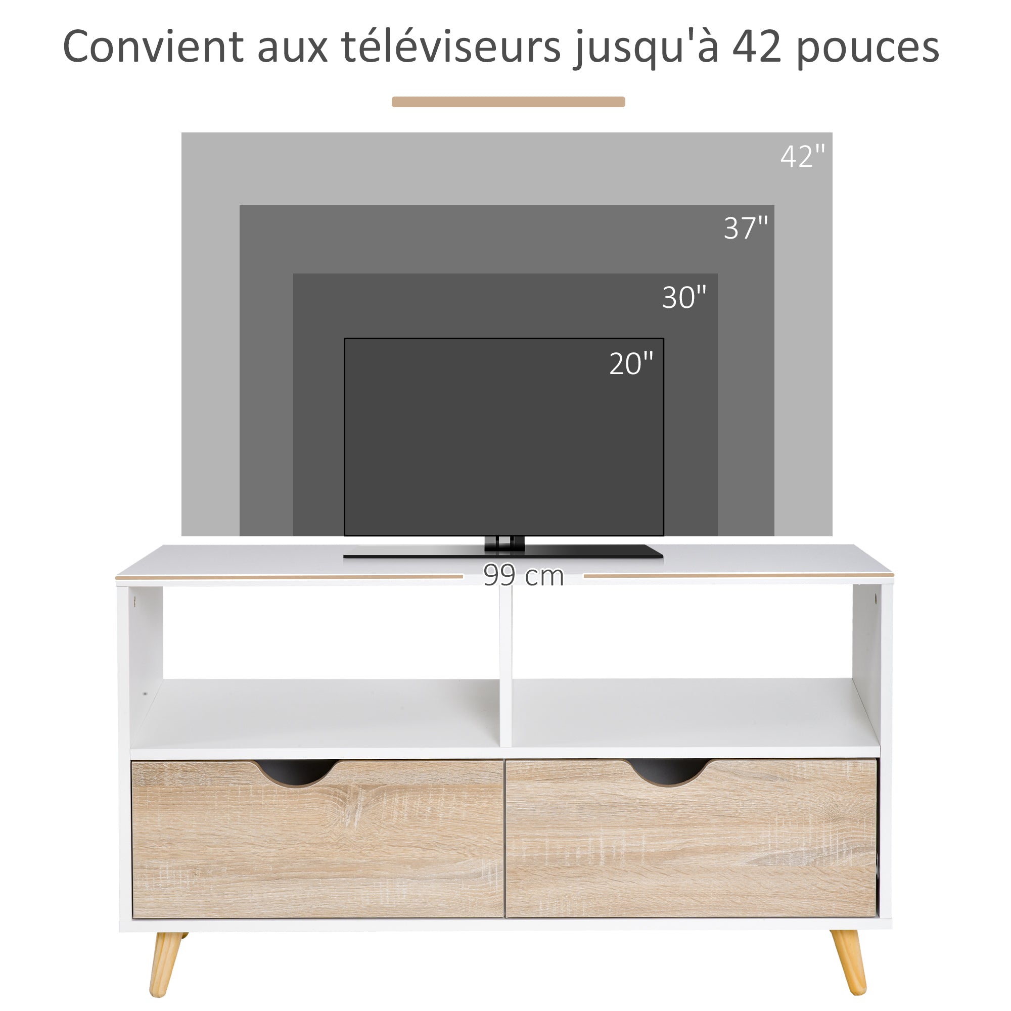 Low Scandinavian Style TV Stand 2 Drawers Light Oak White