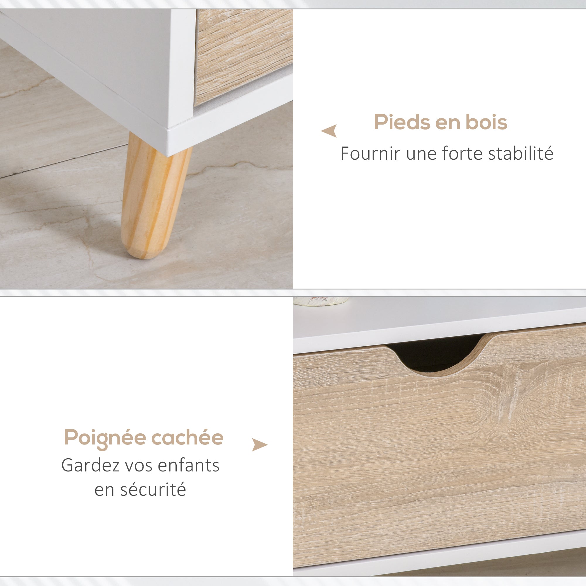 Low Scandinavian Style TV Stand 2 Drawers Light Oak White