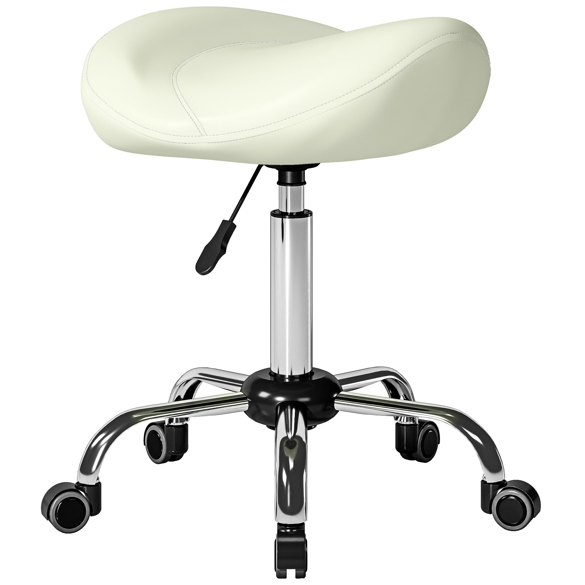 Height-Adjustable Rolling Stool 21.7–28.0 in, Swivel Saddle Seat with Thick Cushion, 360° Office/Salon Massage Spa Stool – Cream