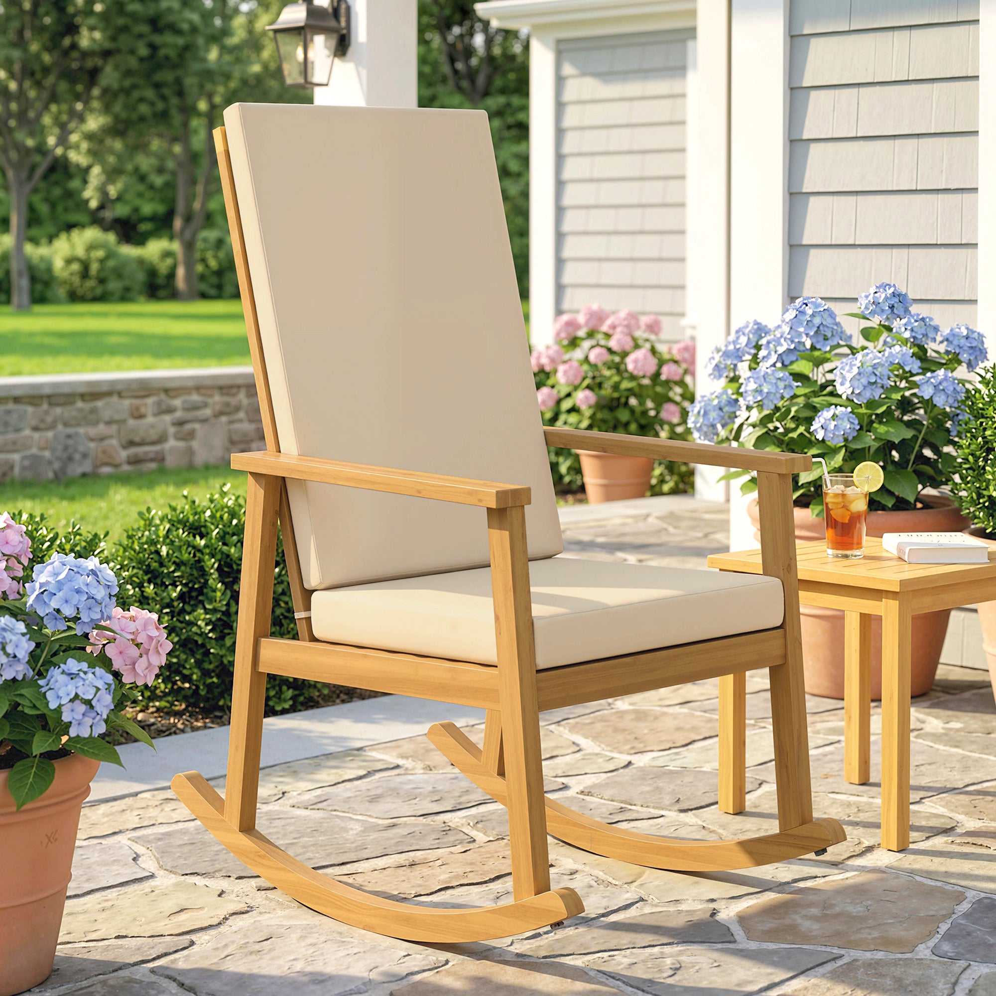 Acacia Wood Rocking Chair with High Back and Cushions — Outdoor Relax Chair for Garden, Balcony & Patio, Supports up to 353 lb, Beige (23.6 x 35.0 x 42.1 in / 60 x 89 x 107 cm)