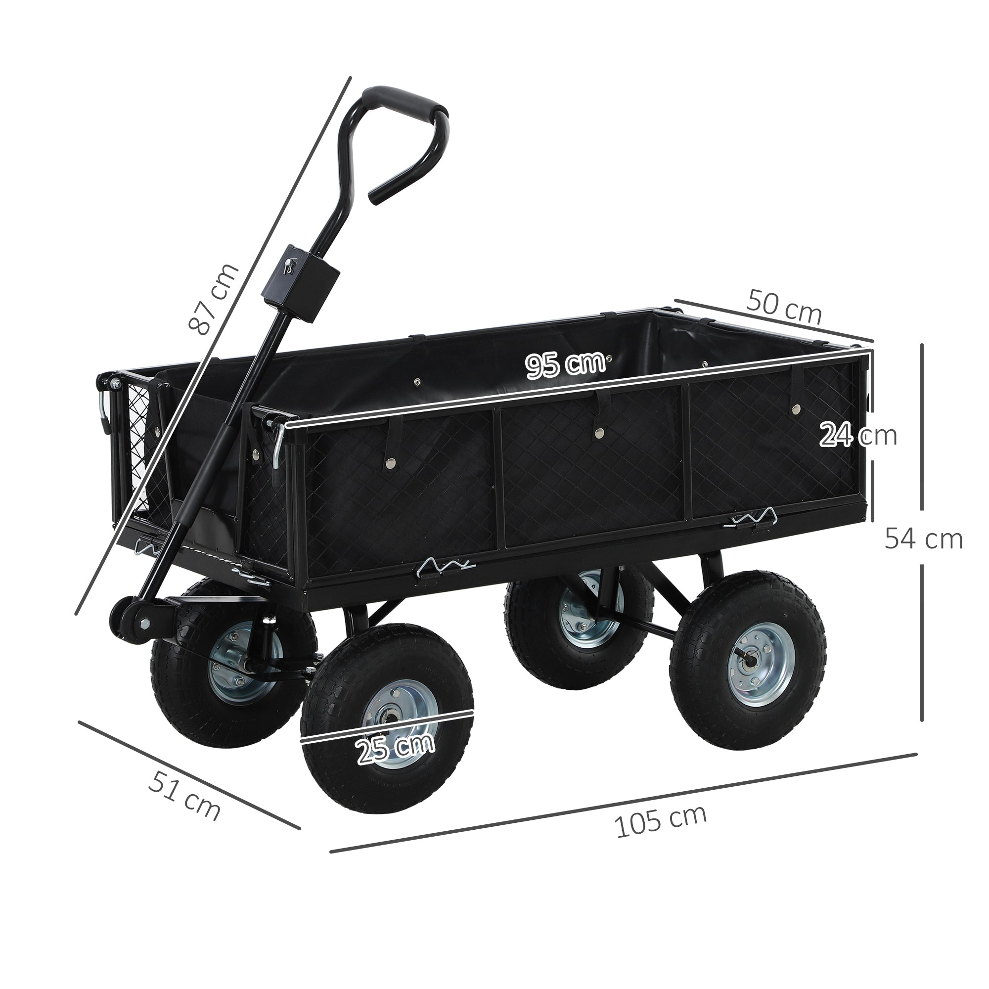 Garden Wagon 300 kg Capacity Transport Cart with Air Tires, Removable Cover Handle Wheels Front Axle Wagon Handcart Garden Cart 114 L Utility Cart for Home Garden Black