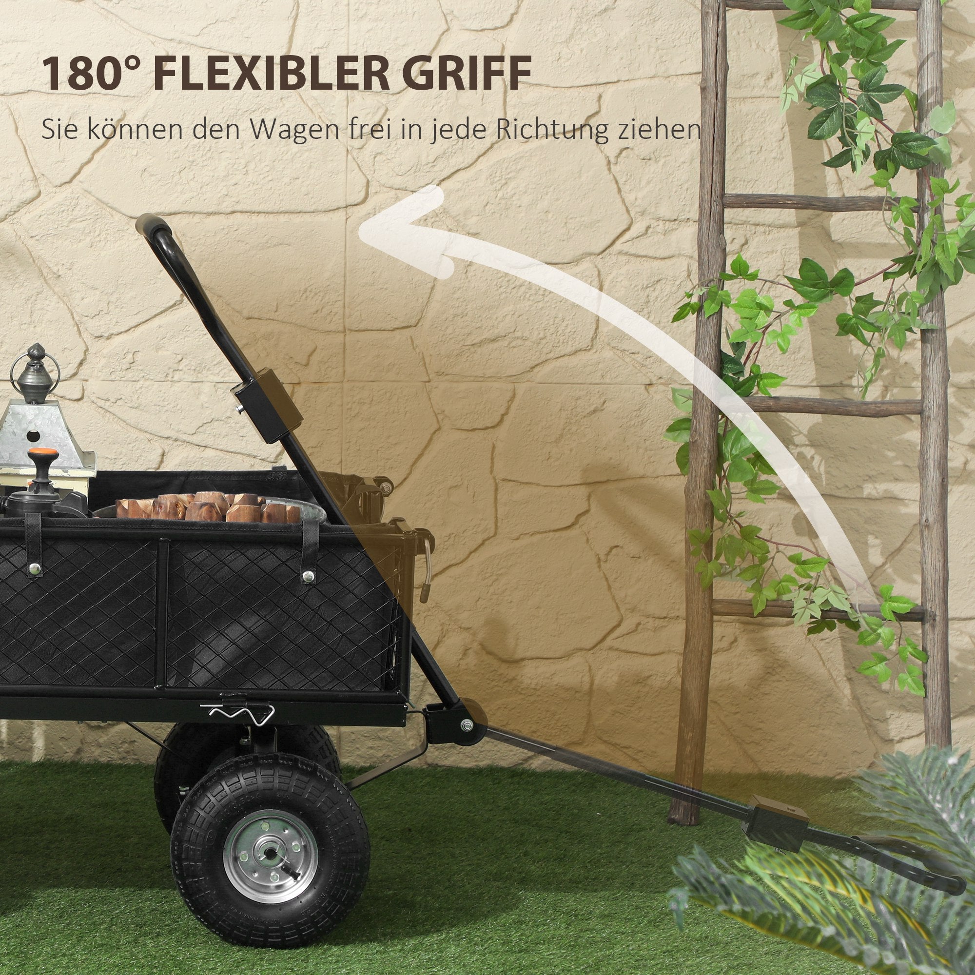 Garden Wagon 300 kg Capacity Transport Cart with Air Tires, Removable Cover Handle Wheels Front Axle Wagon Handcart Garden Cart 114 L Utility Cart for Home Garden Black