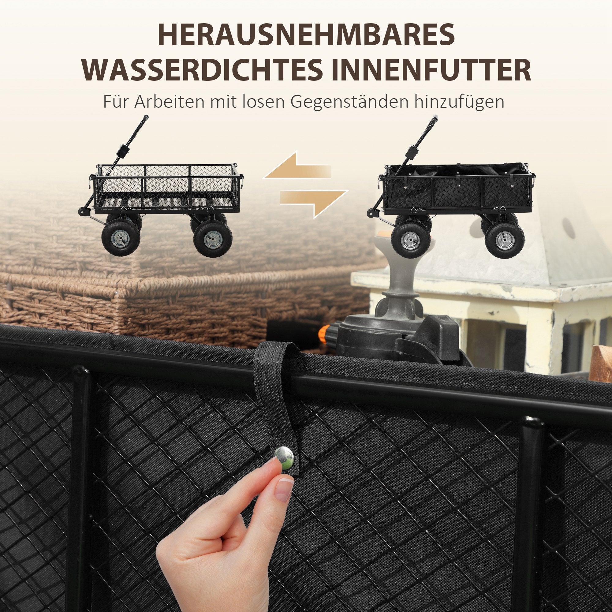 Garden Wagon 300 kg Capacity Transport Cart with Air Tires, Removable Cover Handle Wheels Front Axle Wagon Handcart Garden Cart 114 L Utility Cart for Home Garden Black