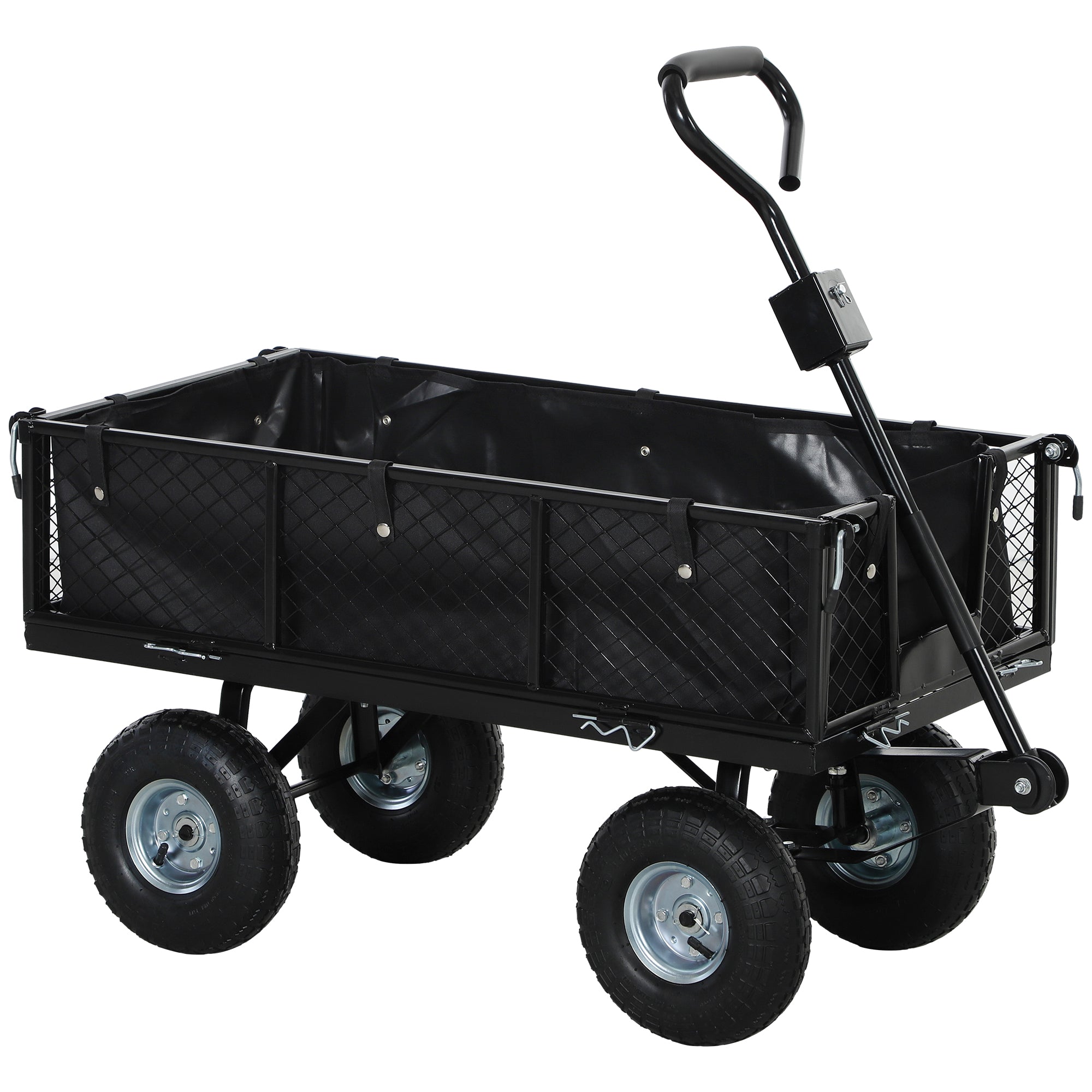 Garden Wagon 300 kg Capacity Transport Cart with Air Tires, Removable Cover Handle Wheels Front Axle Wagon Handcart Garden Cart 114 L Utility Cart for Home Garden Black