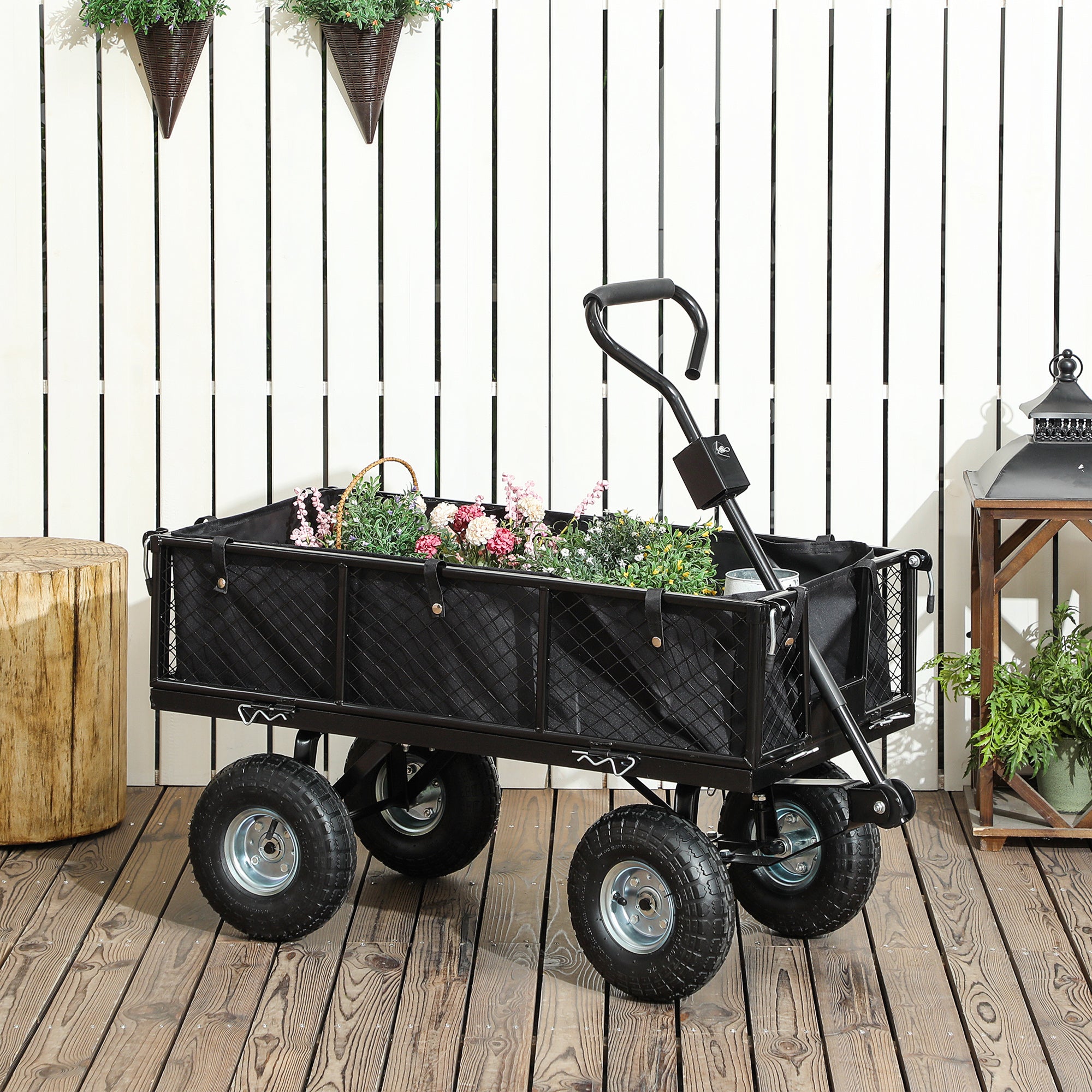 Garden Wagon 300 kg Capacity Transport Cart with Air Tires, Removable Cover Handle Wheels Front Axle Wagon Handcart Garden Cart 114 L Utility Cart for Home Garden Black