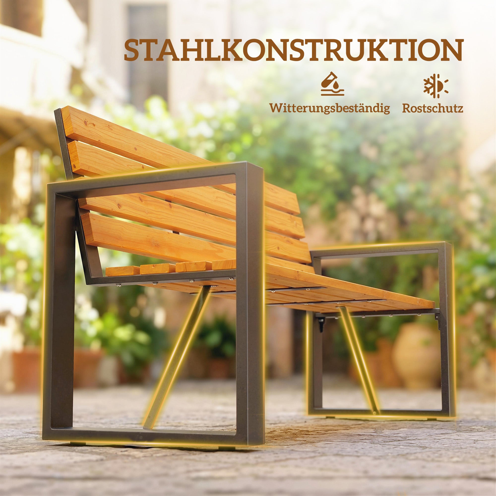 2-Seater Weatherproof Wood Slatted Garden Bench with Armrests — 136 x 54 x 82 cm (Natural Wood)